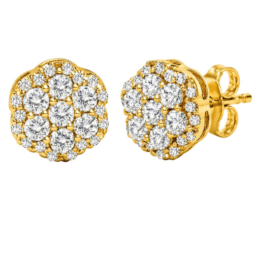 0.50 - 2.00 Carat T.W. Round-cut Lab Grown Diamond (F/VS+) 14K Gold Cluster Earrings with Double Notch Post & Pushback