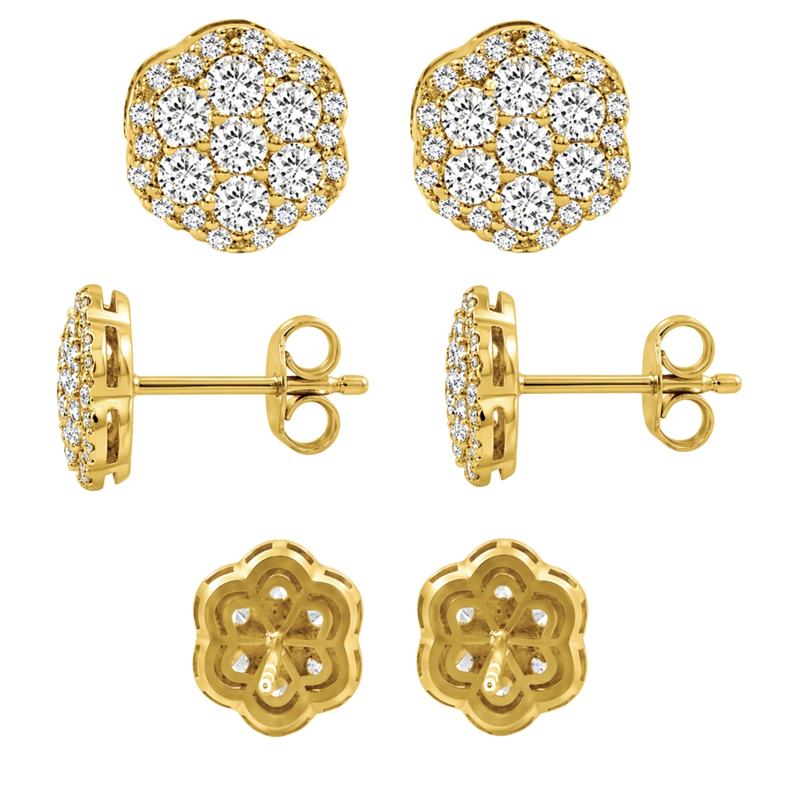 0.50 - 2.00 Carat T.W. Round-cut Lab Grown Diamond (F/VS+) 14K Gold Cluster Earrings with Double Notch Post & Pushback