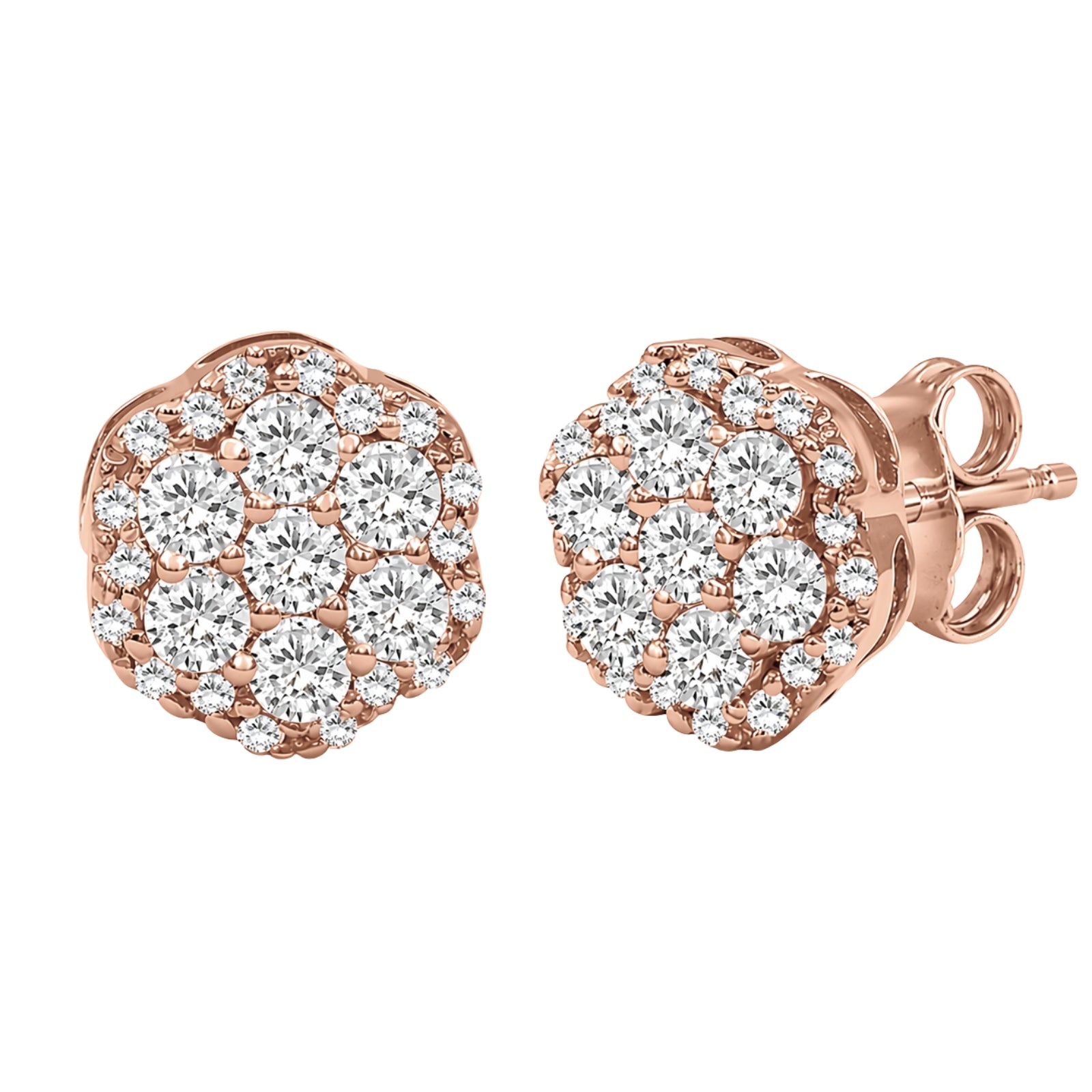 0.50 - 2.00 Carat T.W. Round-cut Lab Grown Diamond (F/VS+) 14K Gold Cluster Earrings with Double Notch Post & Pushback