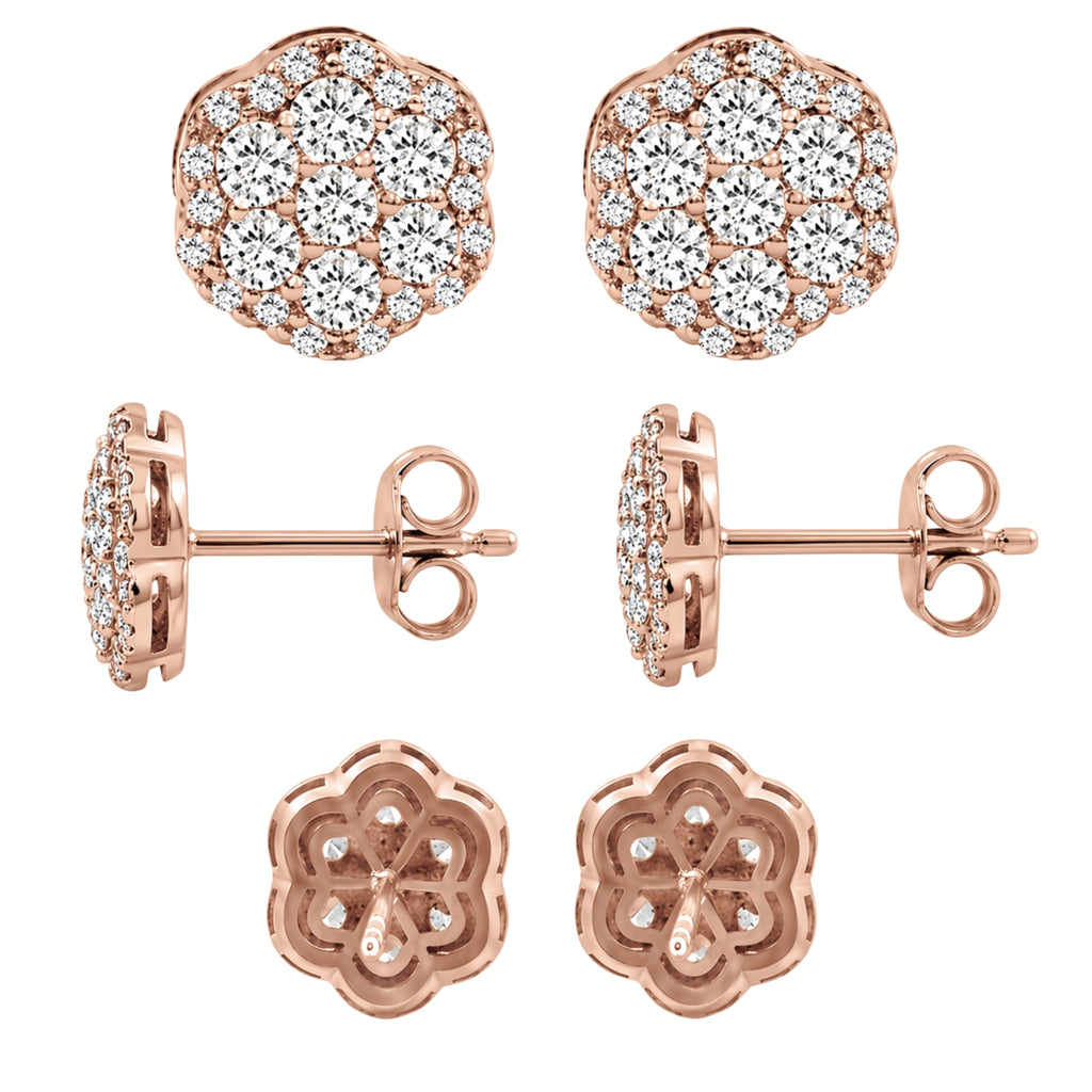 0.50 - 2.00 Carat T.W. Round-cut Lab Grown Diamond (F/VS+) 14K Gold Cluster Earrings with Double Notch Post & Pushback