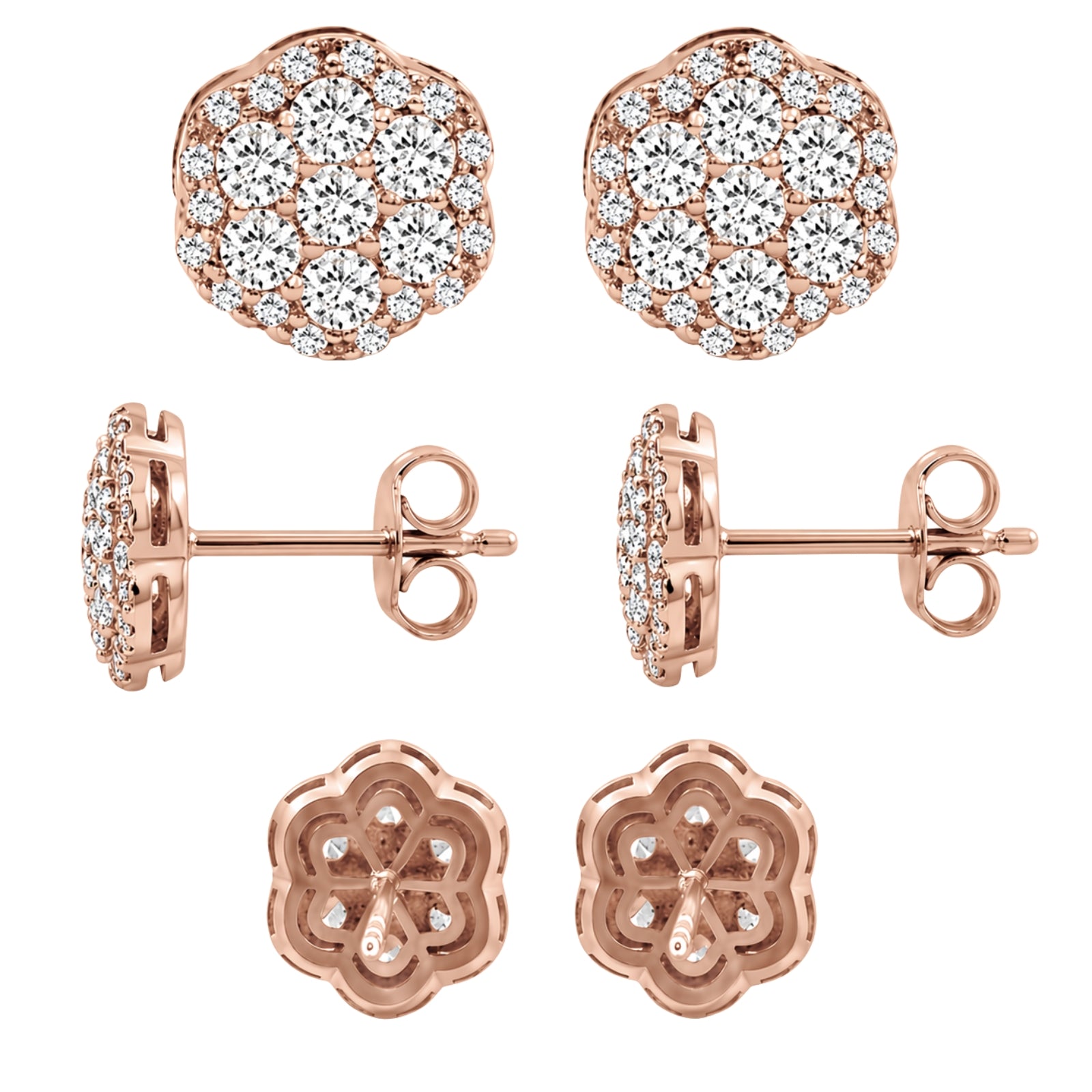 0.50 - 2.00 Carat T.W. Round-cut Lab Grown Diamond (F/VS+) 14K Gold Cluster Earrings with Double Notch Post & Pushback
