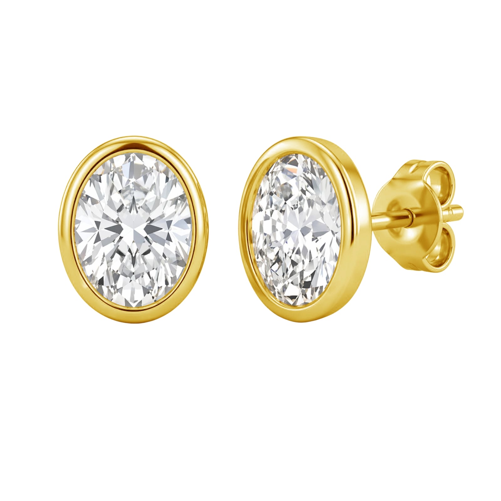 1.00 - 2.00 Carat T.W. Oval-cut Lab Grown Diamond (F/VS+) 14K Gold Bezel set Stud Earrings with Double Notch Post & Pushback