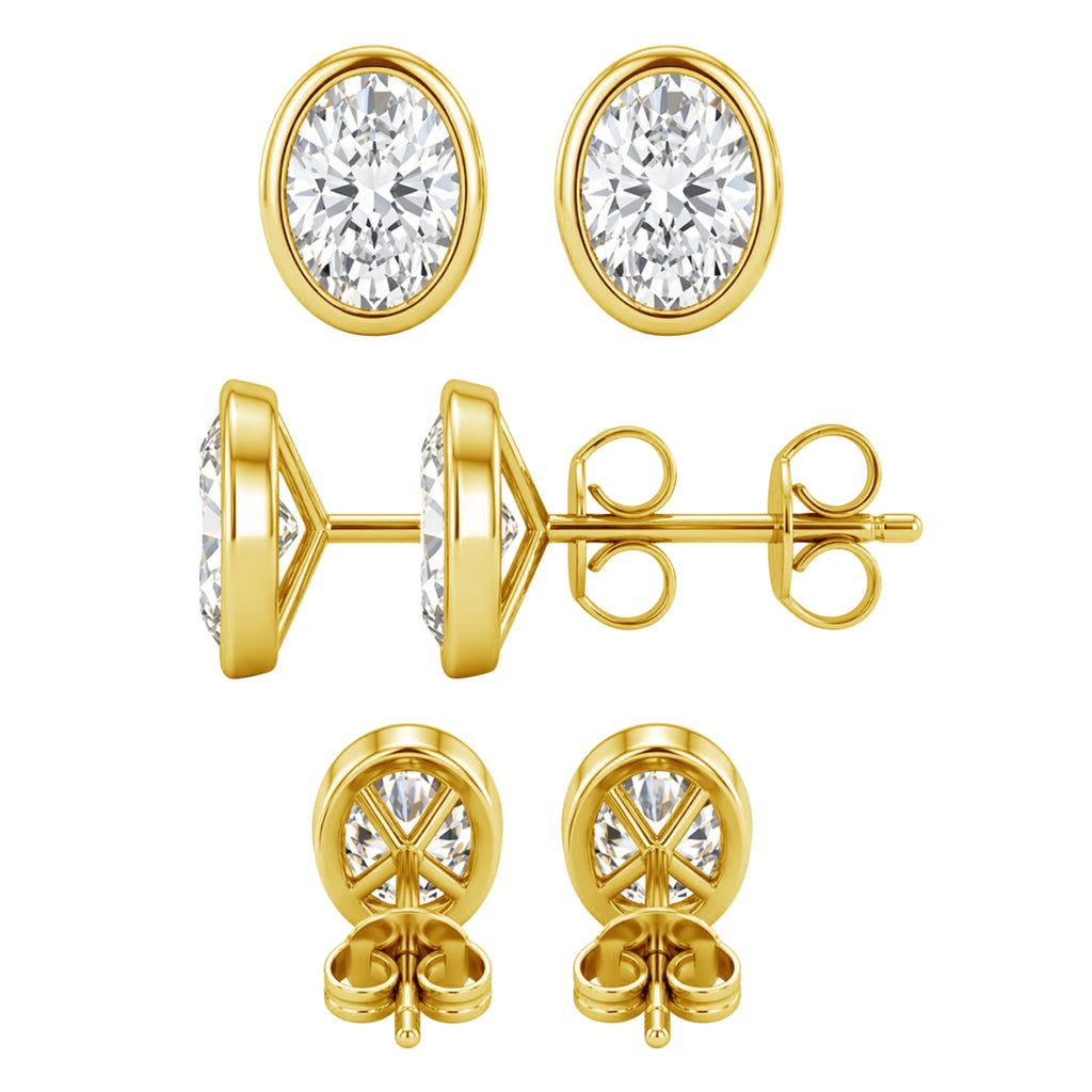 1.00 - 2.00 Carat T.W. Oval-cut Lab Grown Diamond (F/VS+) 14K Gold Bezel set Stud Earrings with Double Notch Post & Pushback