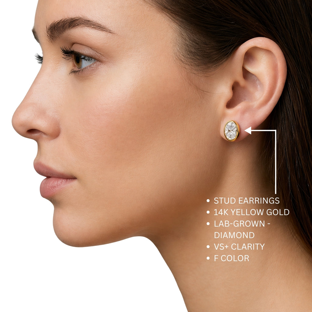 1.00 - 2.00 Carat T.W. Oval-cut Lab Grown Diamond (F/VS+) 14K Gold Bezel set Stud Earrings with Double Notch Post & Pushback