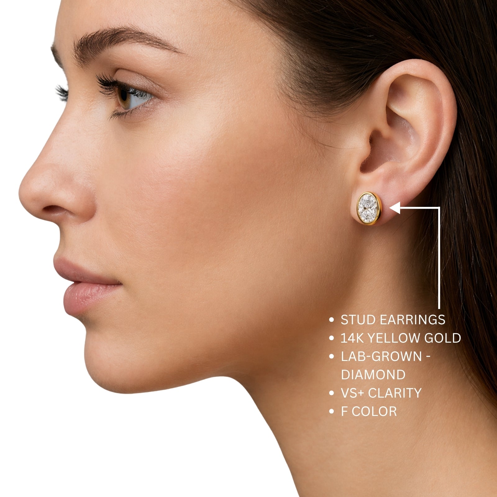 1.00 - 2.00 Carat T.W. Oval-cut Lab Grown Diamond (F/VS+) 14K Gold Bezel set Stud Earrings with Double Notch Post & Pushback
