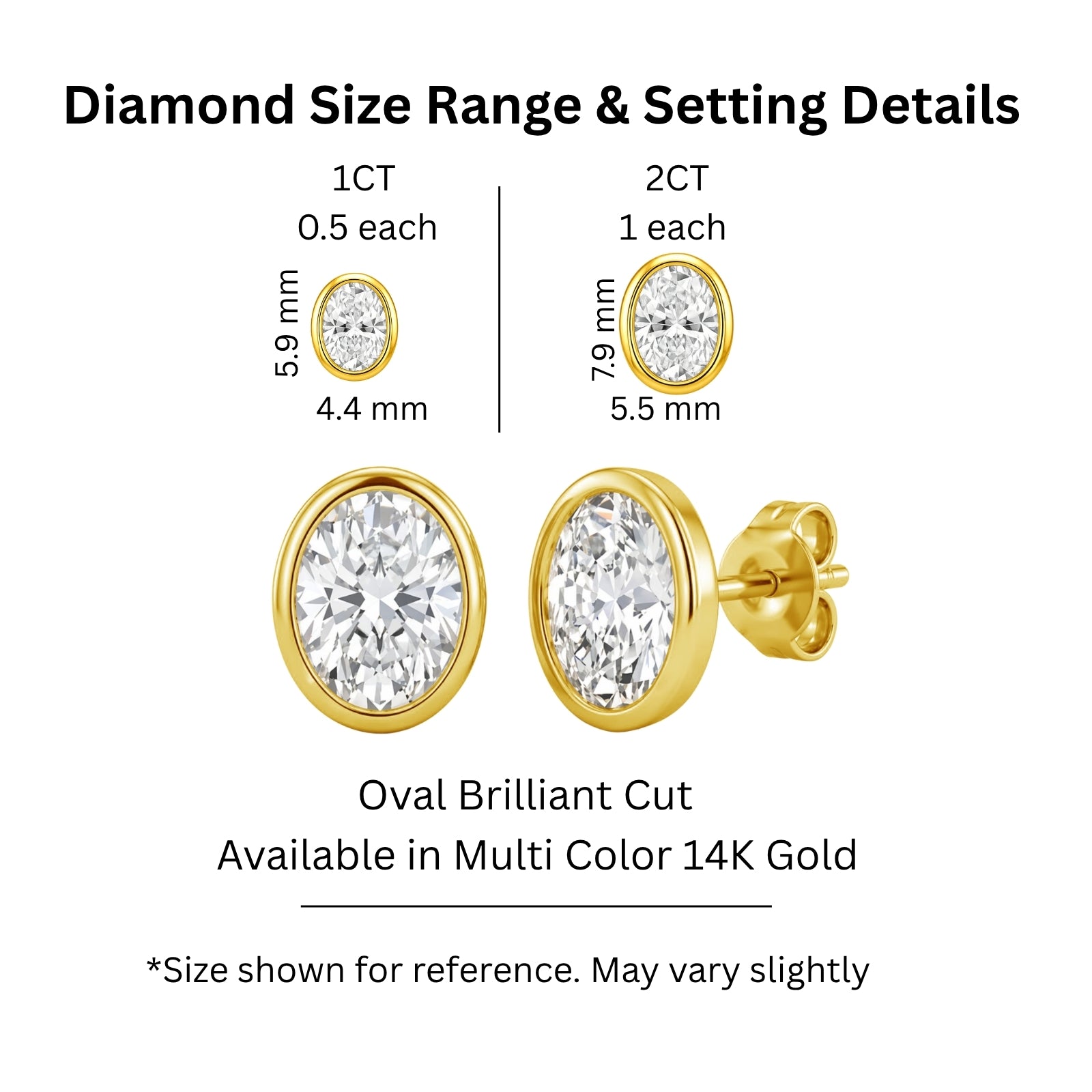 1.00 - 2.00 Carat T.W. Oval-cut Lab Grown Diamond (F/VS+) 14K Gold Bezel set Stud Earrings with Double Notch Post & Pushback