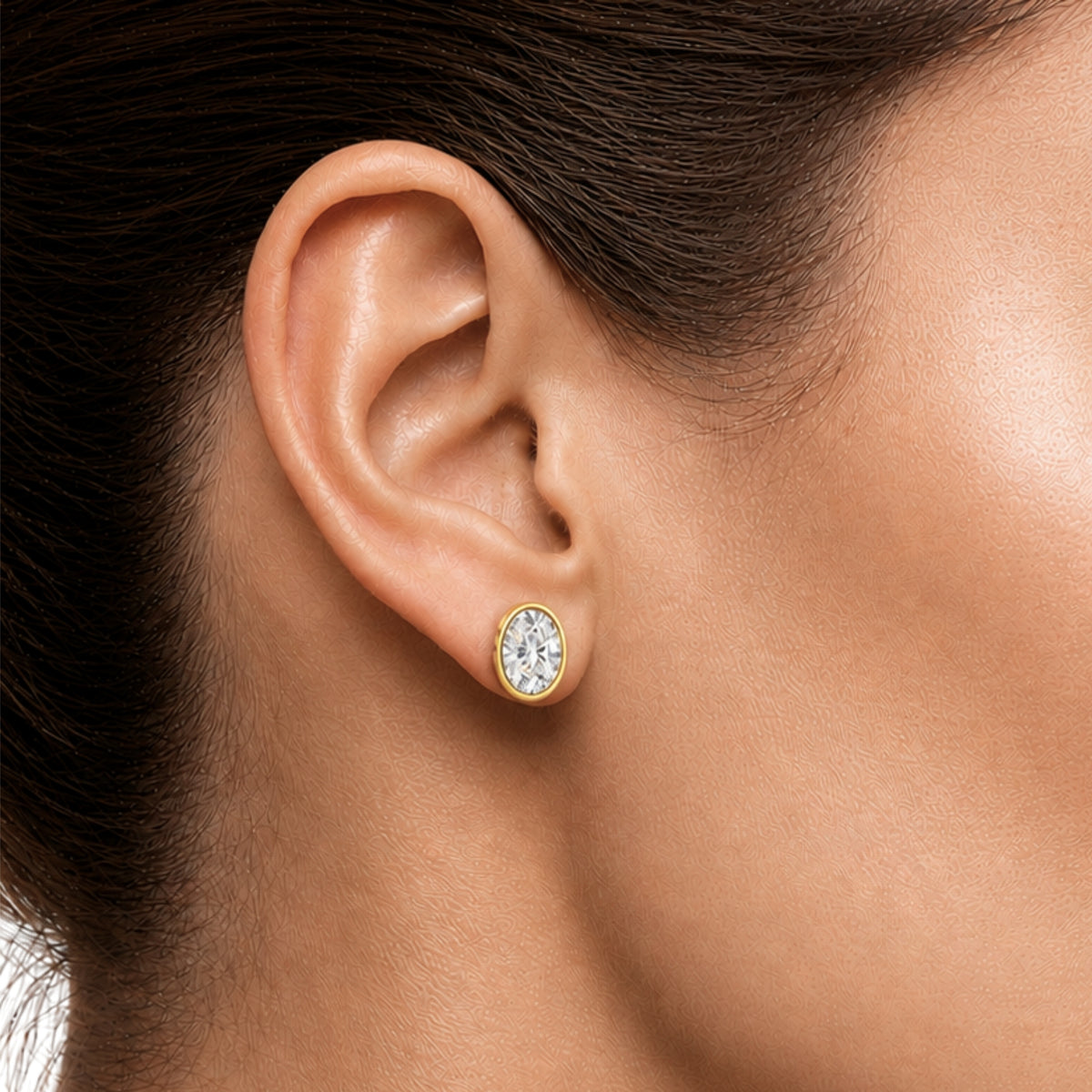 1.00 - 2.00 Carat T.W. Oval-cut Lab Grown Diamond (F/VS+) 14K Gold Bezel set Stud Earrings with Double Notch Post & Pushback