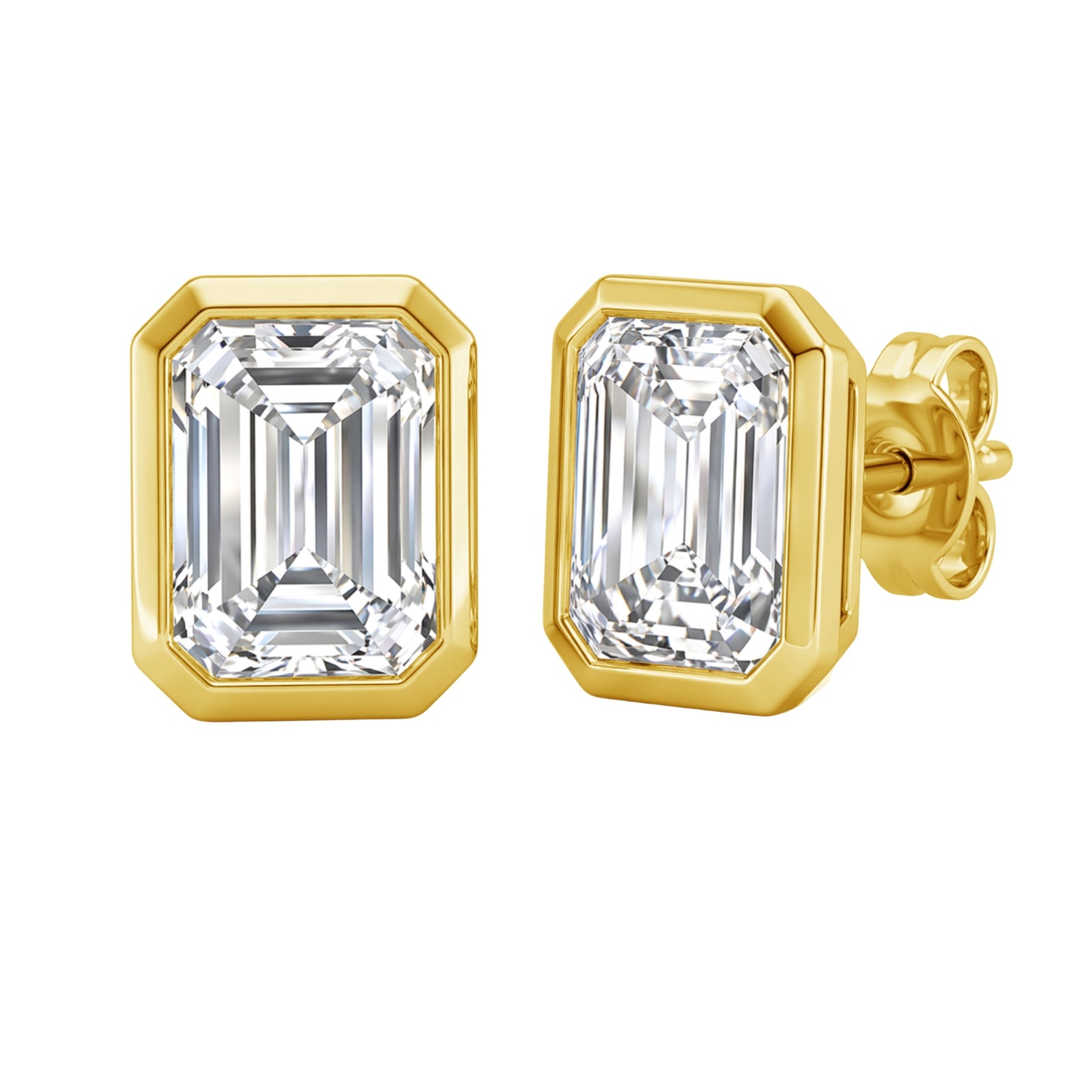 1.00 - 2.00 Carat T.W. Emerald-cut Lab Grown Diamond (F/VS+) 14K Gold Bezel set Stud Earrings with Double Notch Post & Pushback