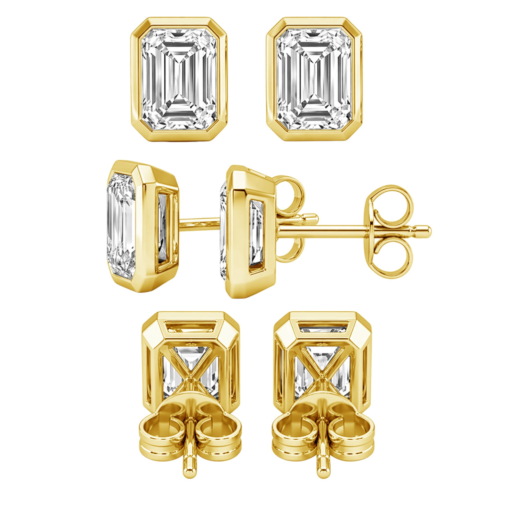 1.00 - 2.00 Carat T.W. Emerald-cut Lab Grown Diamond (F/VS+) 14K Gold Bezel set Stud Earrings with Double Notch Post & Pushback