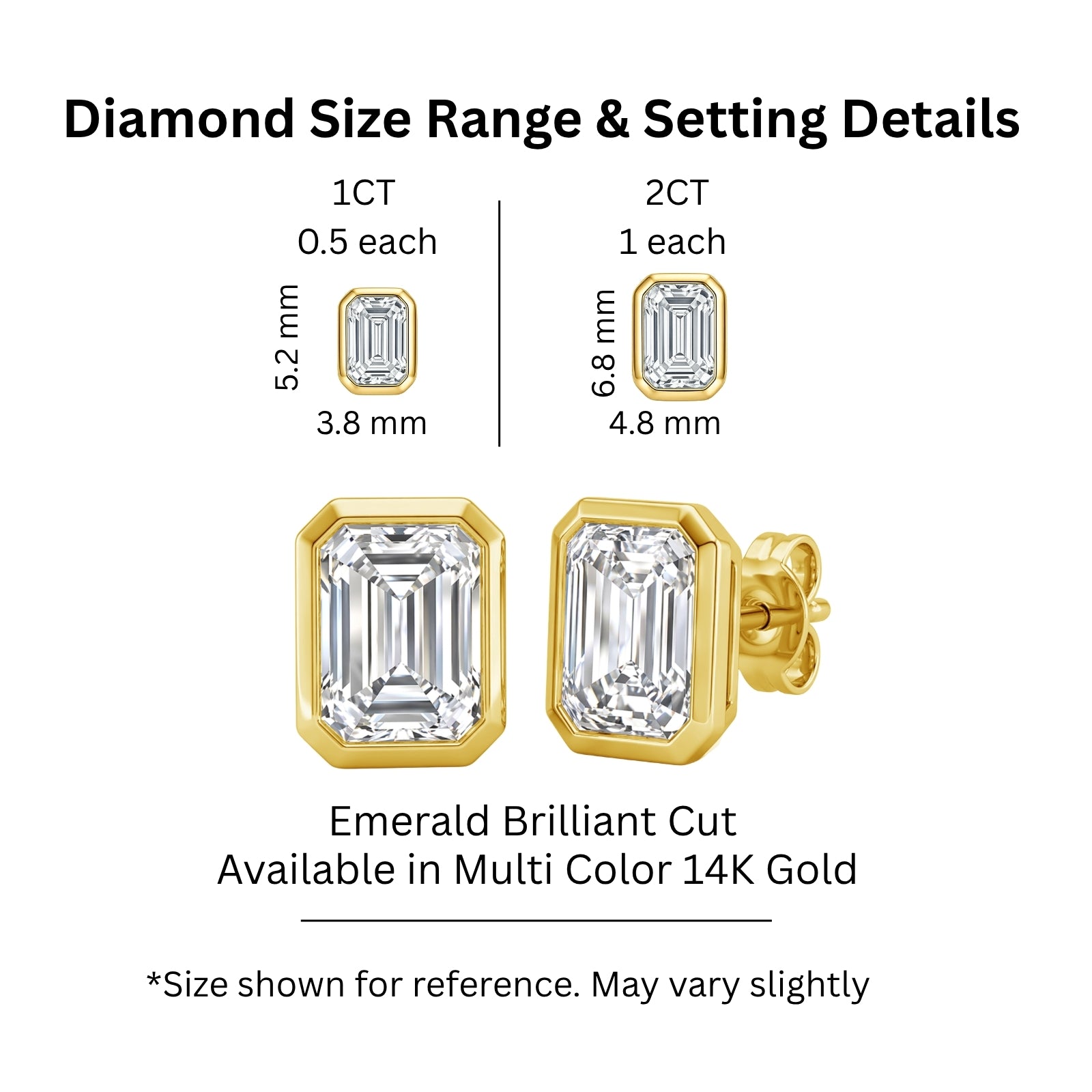 1.00 - 2.00 Carat T.W. Emerald-cut Lab Grown Diamond (F/VS+) 14K Gold Bezel set Stud Earrings with Double Notch Post & Pushback