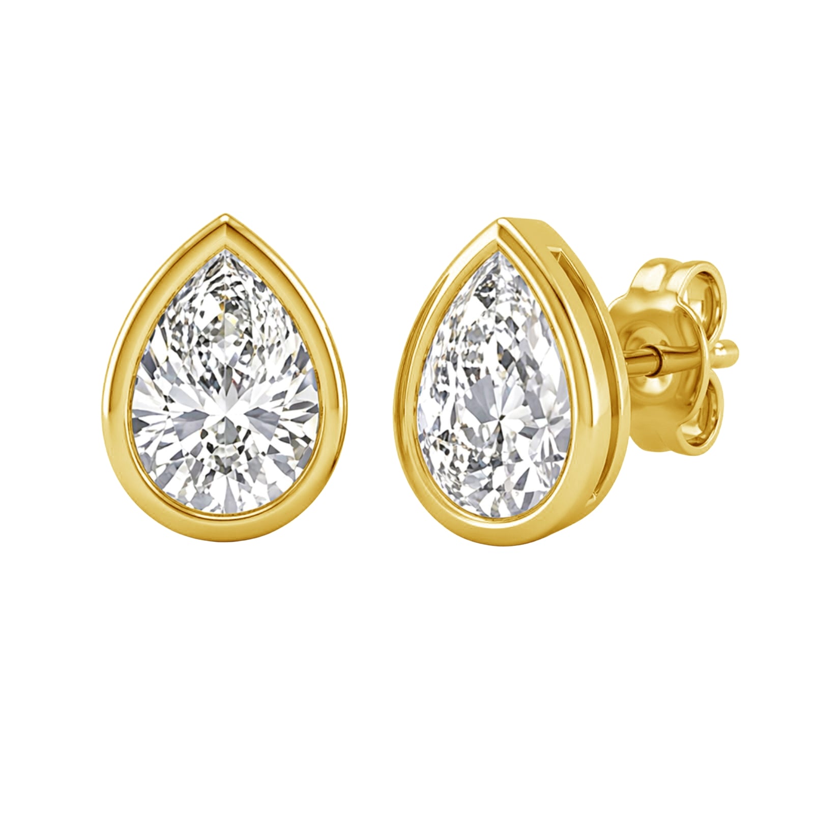 1.00 - 2.00 Carat T.W. Pear-cut Lab Grown Diamond (F/VS+) 14K Gold Bezel set Stud Earrings with Double Notch Post & Pushback