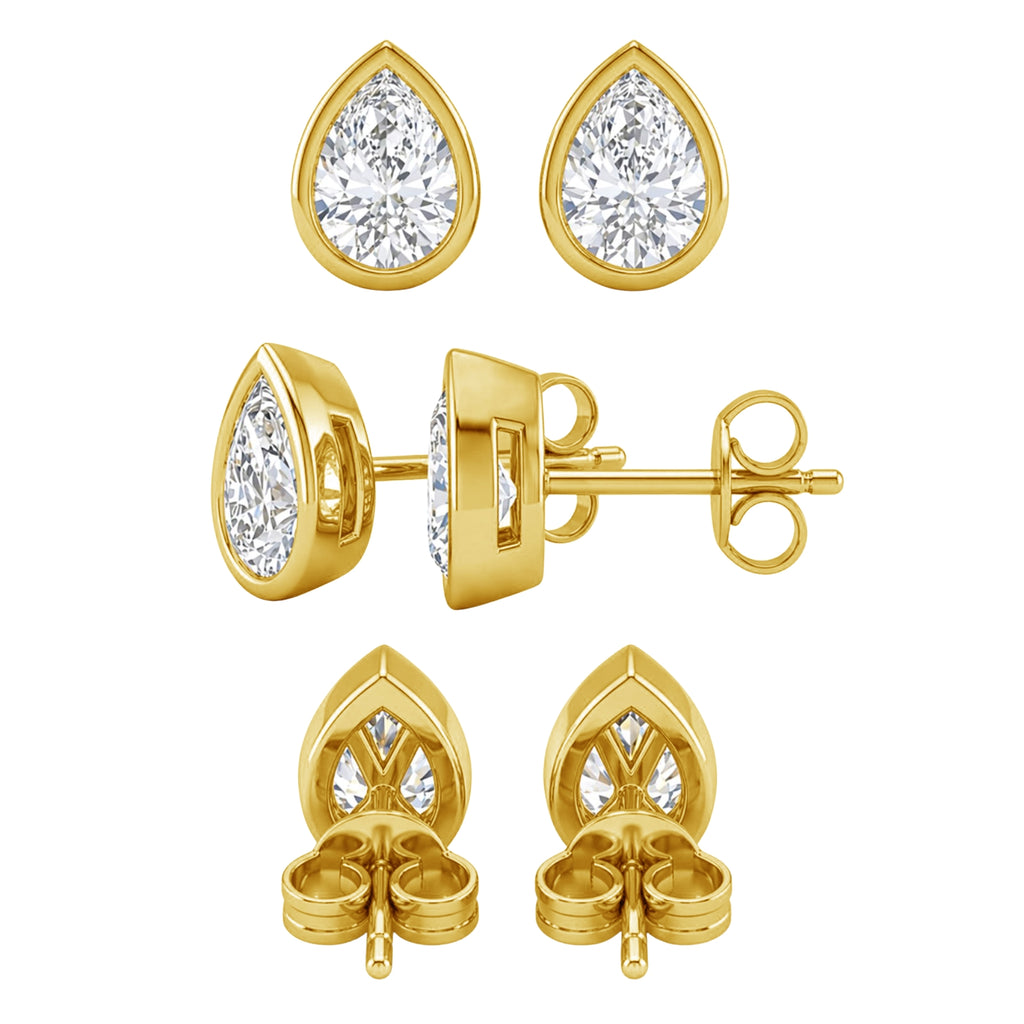 1.00 - 2.00 Carat T.W. Pear-cut Lab Grown Diamond (F/VS+) 14K Gold Bezel set Stud Earrings with Double Notch Post & Pushback