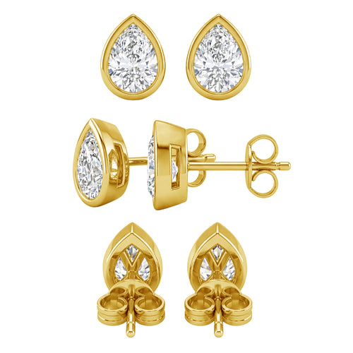1.00 - 2.00 Carat T.W. Pear-cut Lab Grown Diamond (F/VS+) 14K Gold Bezel set Stud Earrings with Double Notch Post & Pushback