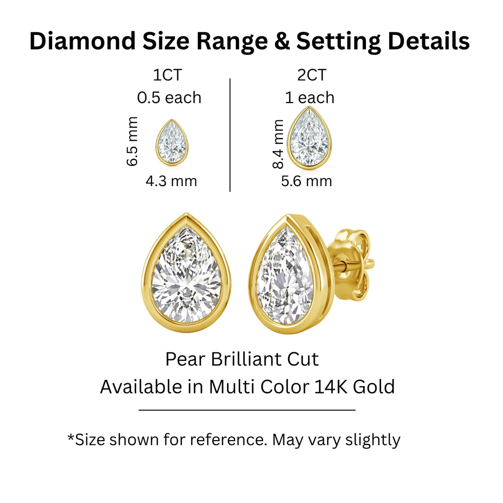 1.00 - 2.00 Carat T.W. Pear-cut Lab Grown Diamond (F/VS+) 14K Gold Bezel set Stud Earrings with Double Notch Post & Pushback