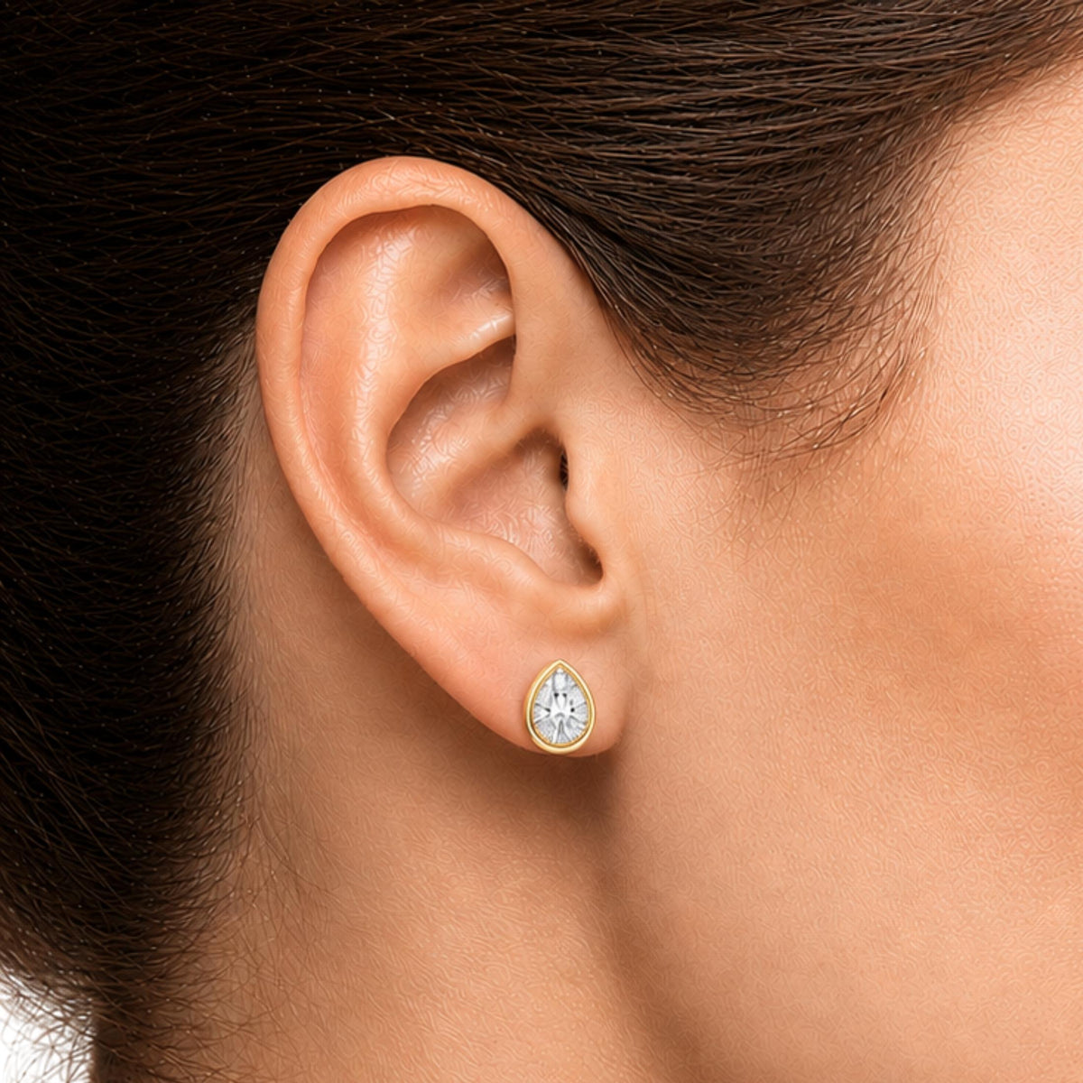 1.00 - 2.00 Carat T.W. Pear-cut Lab Grown Diamond (F/VS+) 14K Gold Bezel set Stud Earrings with Double Notch Post & Pushback