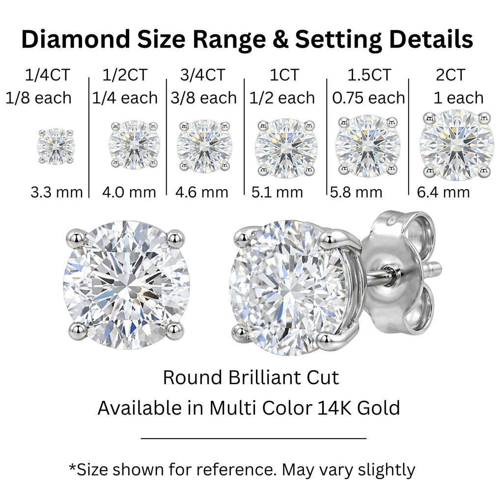 0.25 - 2.00 Carat T.W. Round-cut Lab Grown Diamond (F/VS+) Stud Earrings with Double Notch Post & Pushback