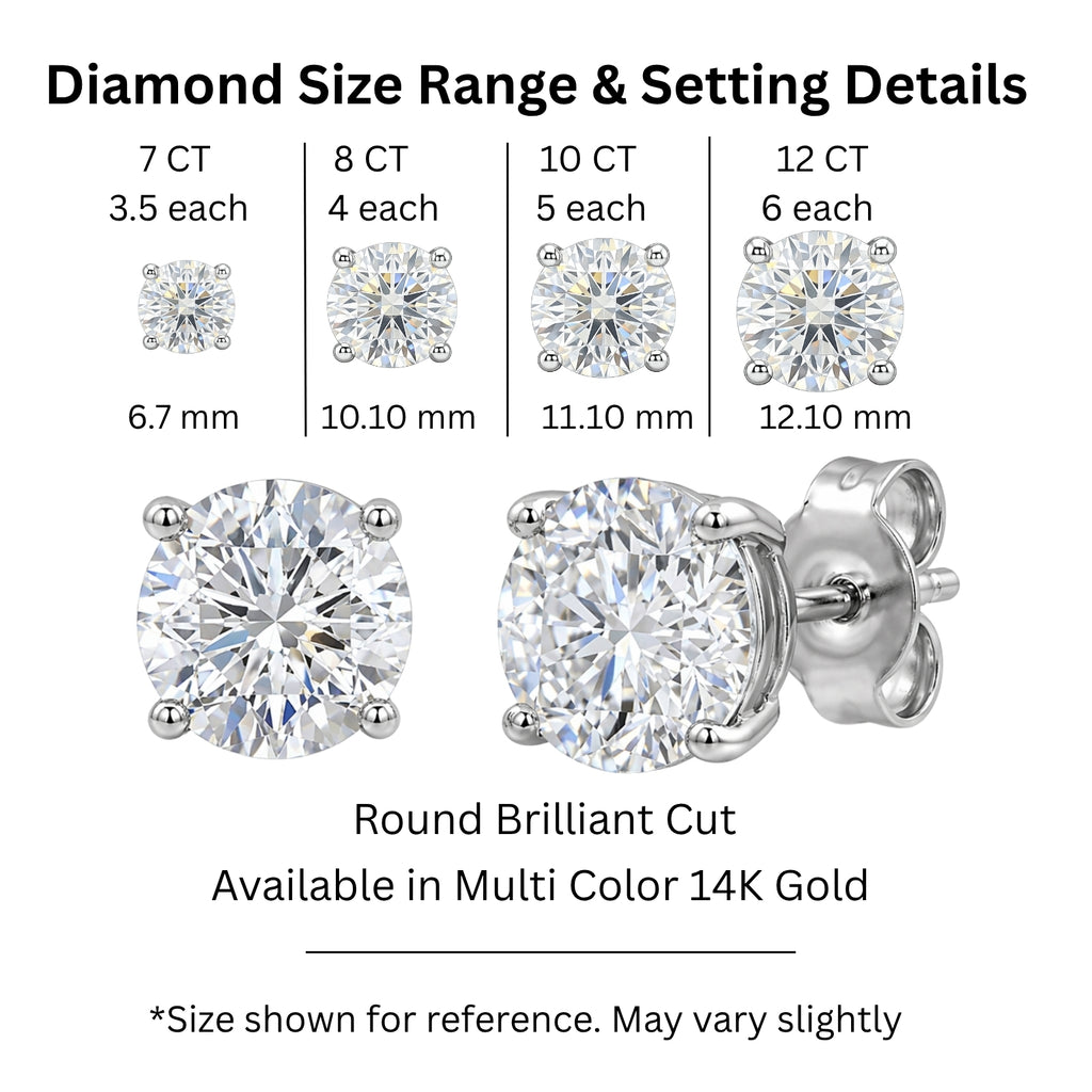 7.00 - 12.00 Carat T.W. Round-cut Lab Grown Diamond (F/VS+) Stud Earrings with Double Notch Post & Screwback