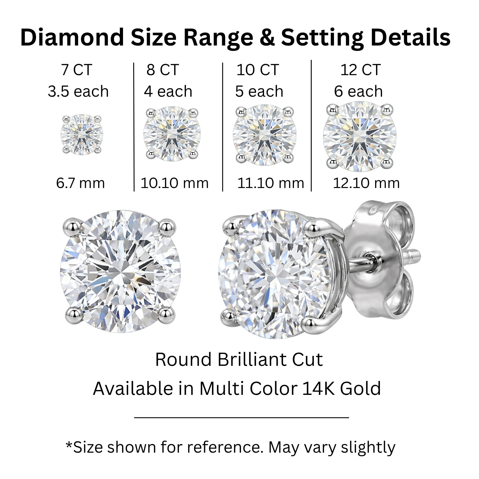 7.00 - 12.00 Carat T.W. Round-cut Lab Grown Diamond (F/VS+) Stud Earrings with Double Notch Post & Screwback