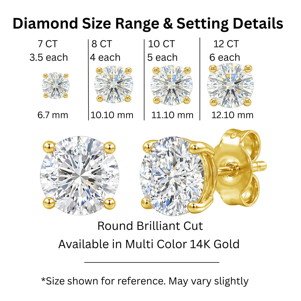 7.00 - 12.00 Carat T.W. Round-cut Lab Grown Diamond (F/VS+) Stud Earrings with Double Notch Post & Screwback