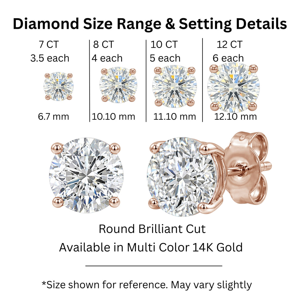 7.00 - 12.00 Carat T.W. Round-cut Lab Grown Diamond (F/VS+) Stud Earrings with Double Notch Post & Screwback