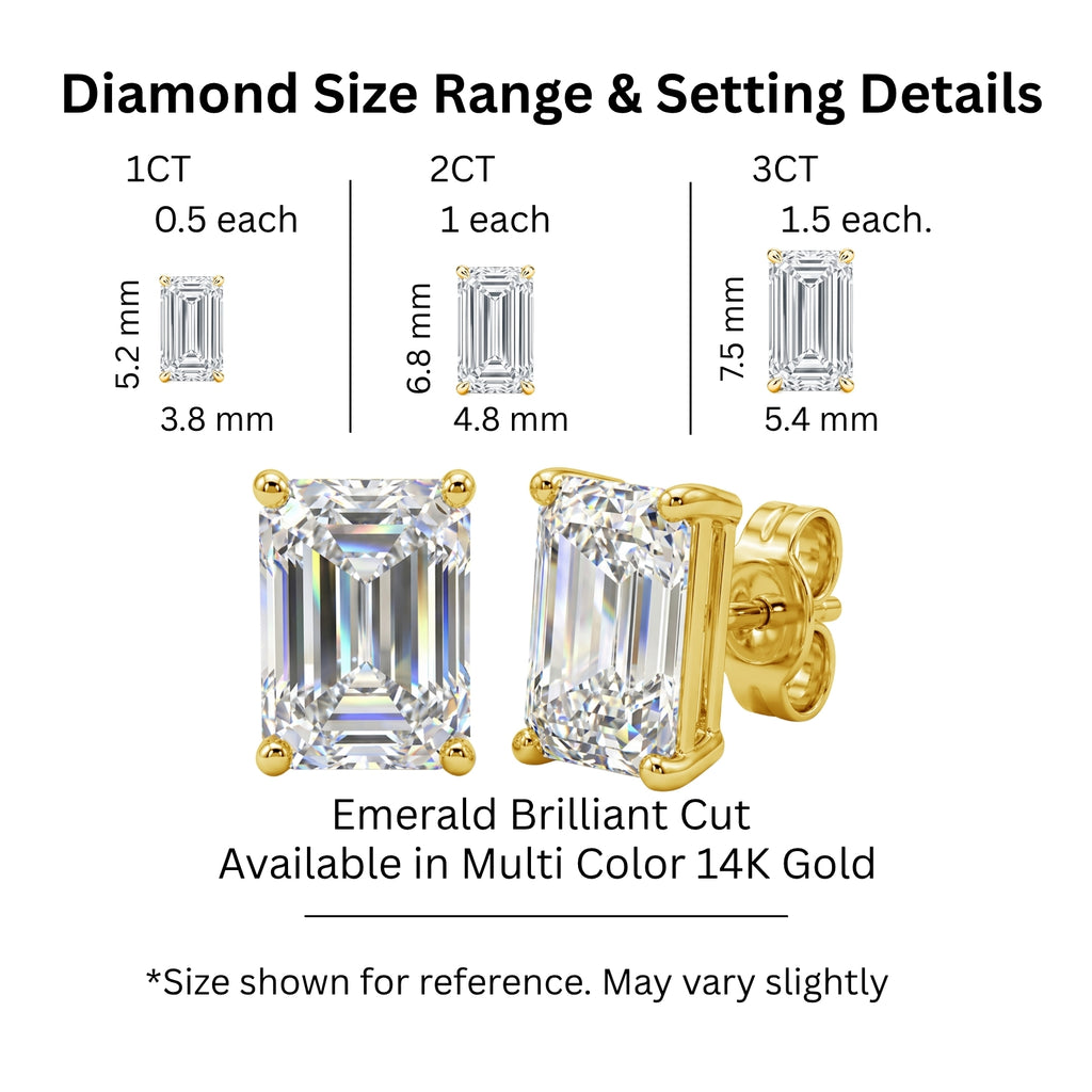 1.00 - 3.00 Carat T.W. Emerald-cut Lab Grown Diamond (F/VS+) Stud Earrings with Double Notch Post & Pushback