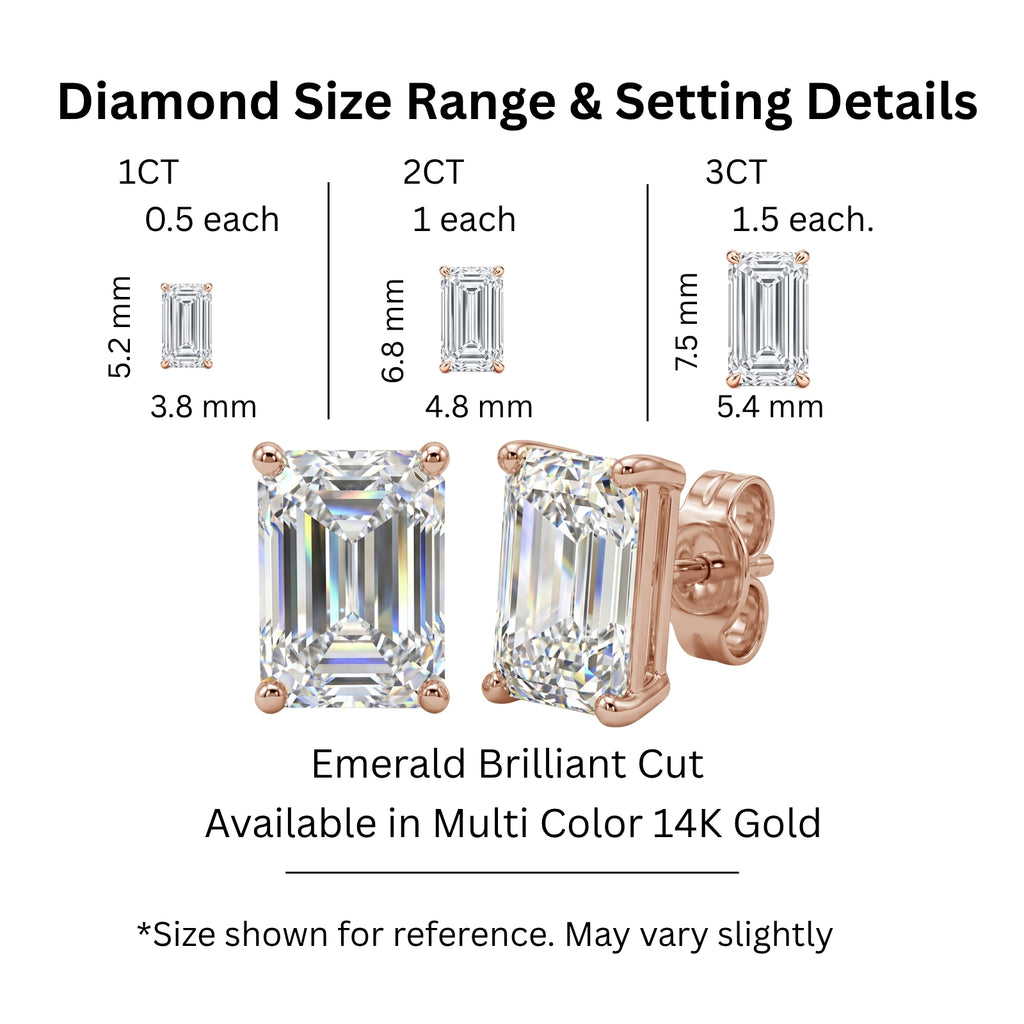 1.00 - 3.00 Carat T.W. Emerald-cut Lab Grown Diamond (F/VS+) Stud Earrings with Double Notch Post & Pushback