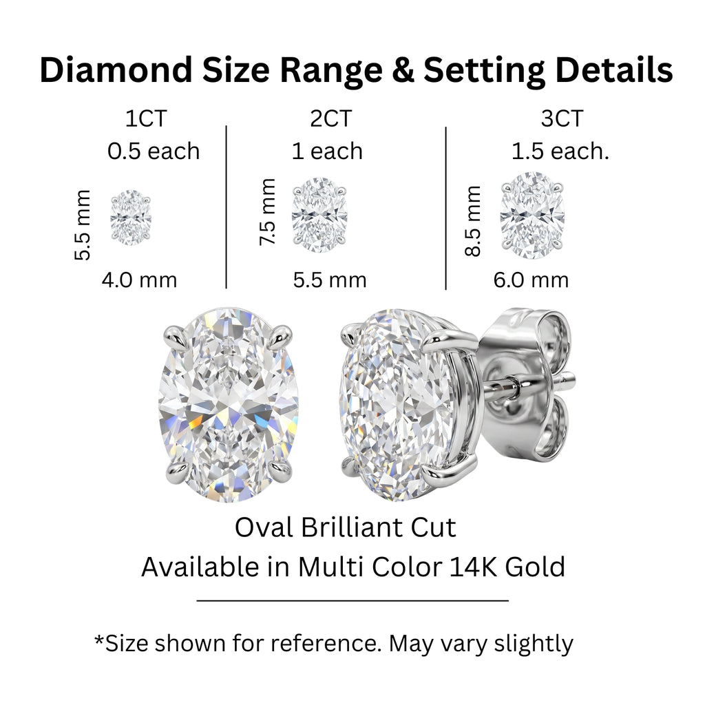 1.00 - 3.00 Carat T.W. Oval-cut Lab Grown Diamond (F/VS+) Stud Earrings with Double Notch Post & Pushback