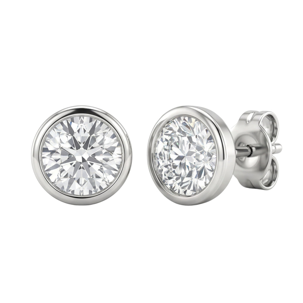 0.50-3.00 Carat T.W. Round-cut Lab Grown Diamond (F/VS+) 14K Gold Bezel set Stud Earrings with Double Notch Post & Pushback