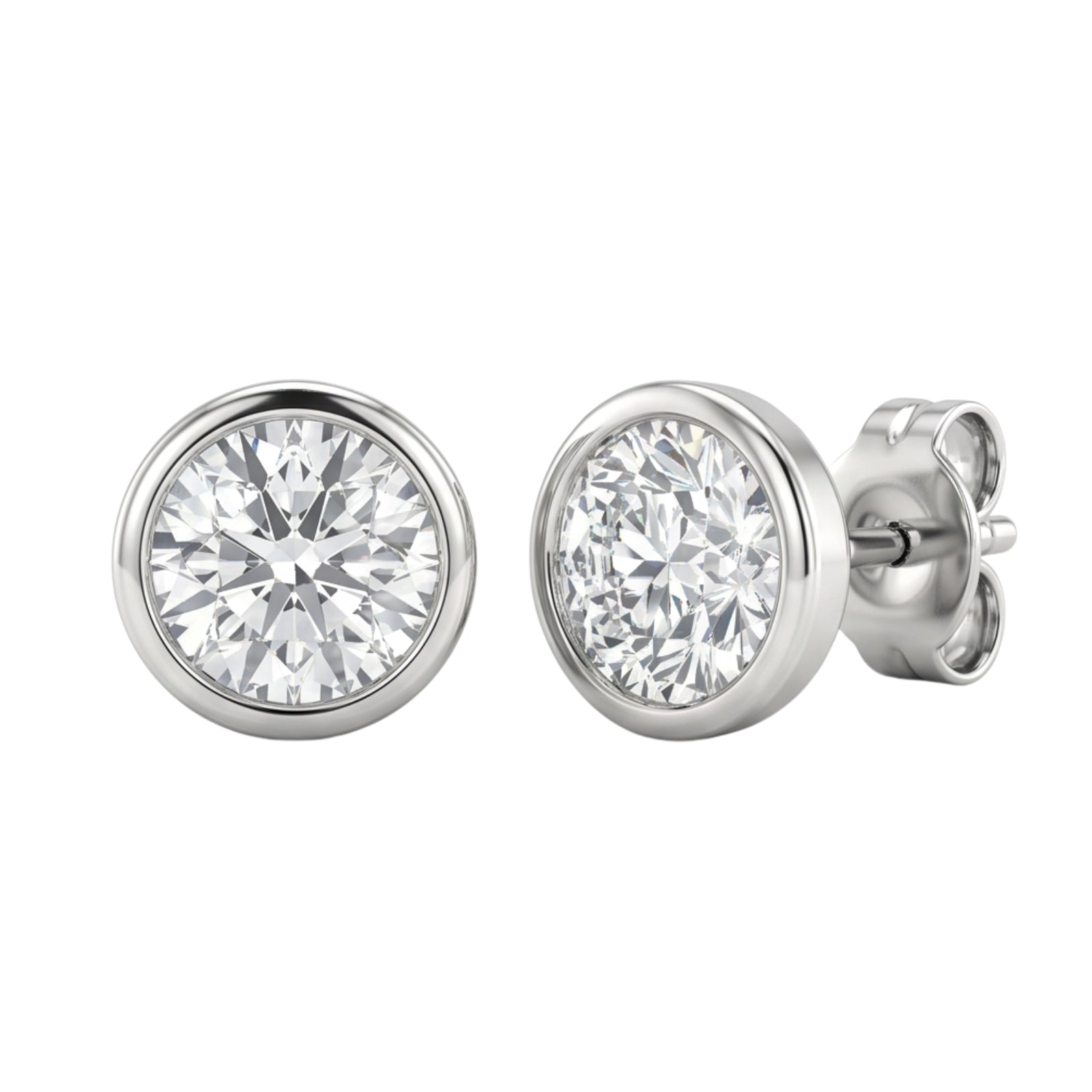 0.50-3.00 Carat T.W. Round-cut Lab Grown Diamond (F/VS+) 14K Gold Bezel set Stud Earrings with Double Notch Post & Pushback
