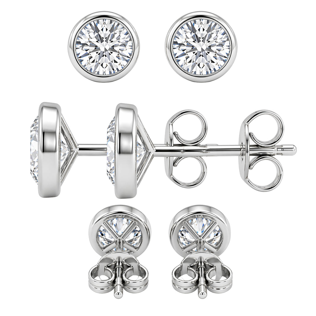 0.50-3.00 Carat T.W. Round-cut Lab Grown Diamond (F/VS+) 14K Gold Bezel set Stud Earrings with Double Notch Post & Pushback