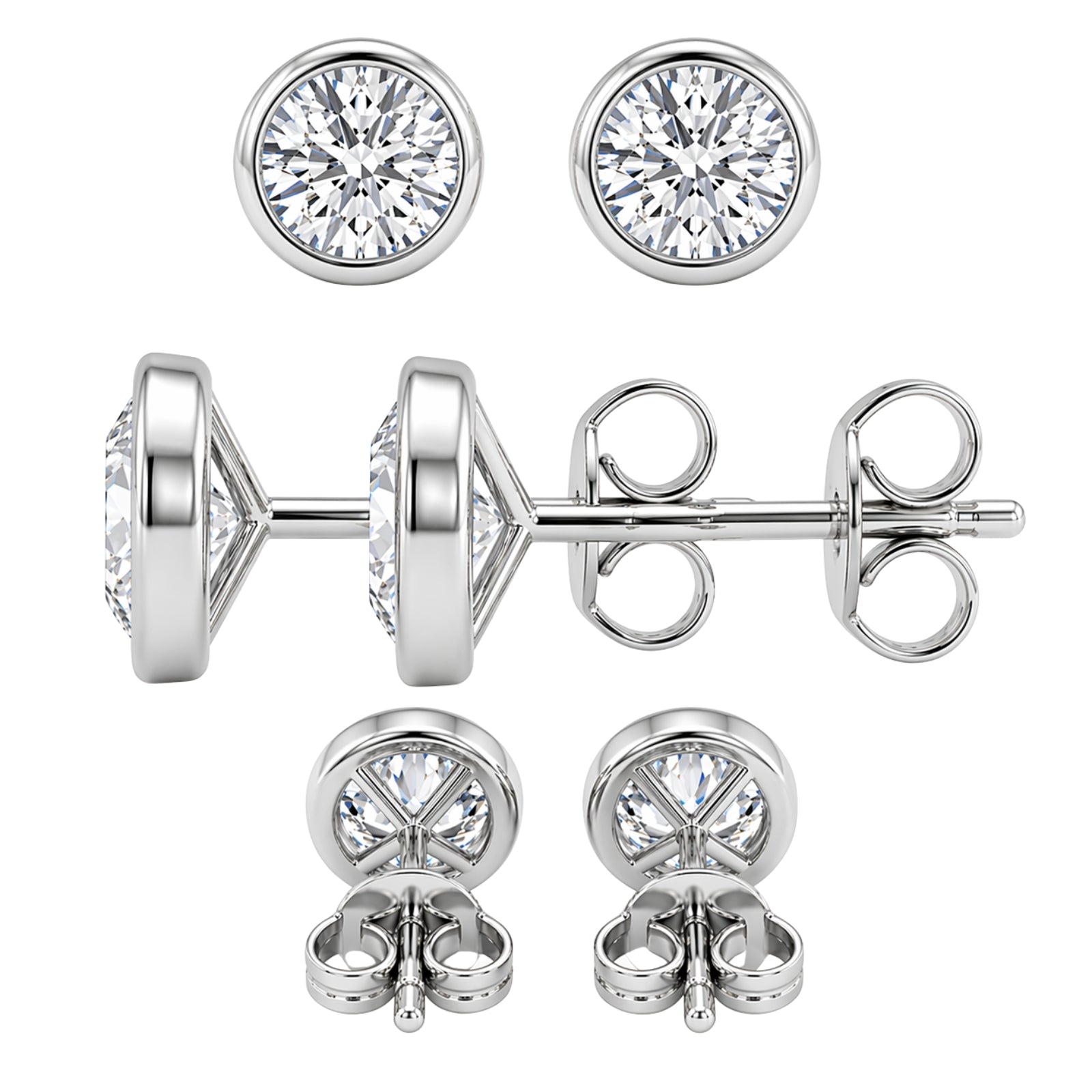 0.50-3.00 Carat T.W. Round-cut Lab Grown Diamond (F/VS+) 14K Gold Bezel set Stud Earrings with Double Notch Post & Pushback
