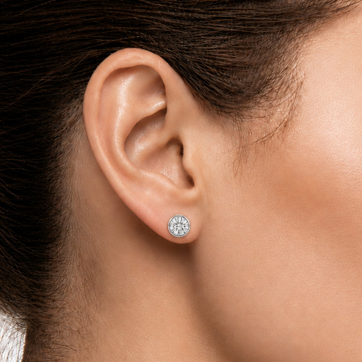 0.50-3.00 Carat T.W. Round-cut Lab Grown Diamond (F/VS+) 14K Gold Bezel set Stud Earrings with Double Notch Post & Pushback