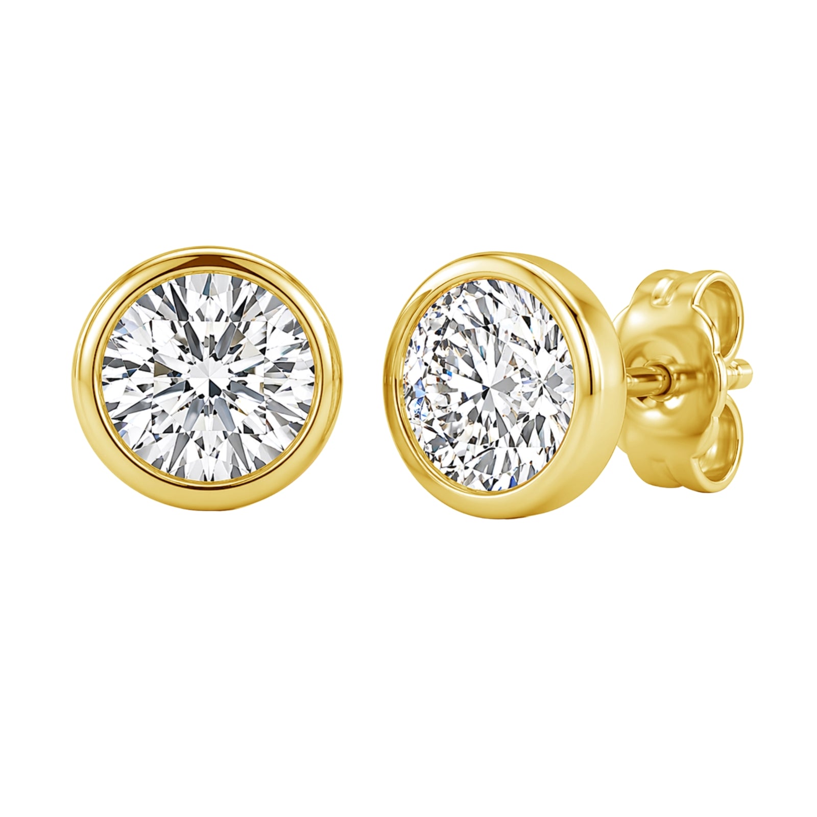 0.50-3.00 Carat T.W. Round-cut Lab Grown Diamond (F/VS+) 14K Gold Bezel set Stud Earrings with Double Notch Post & Pushback