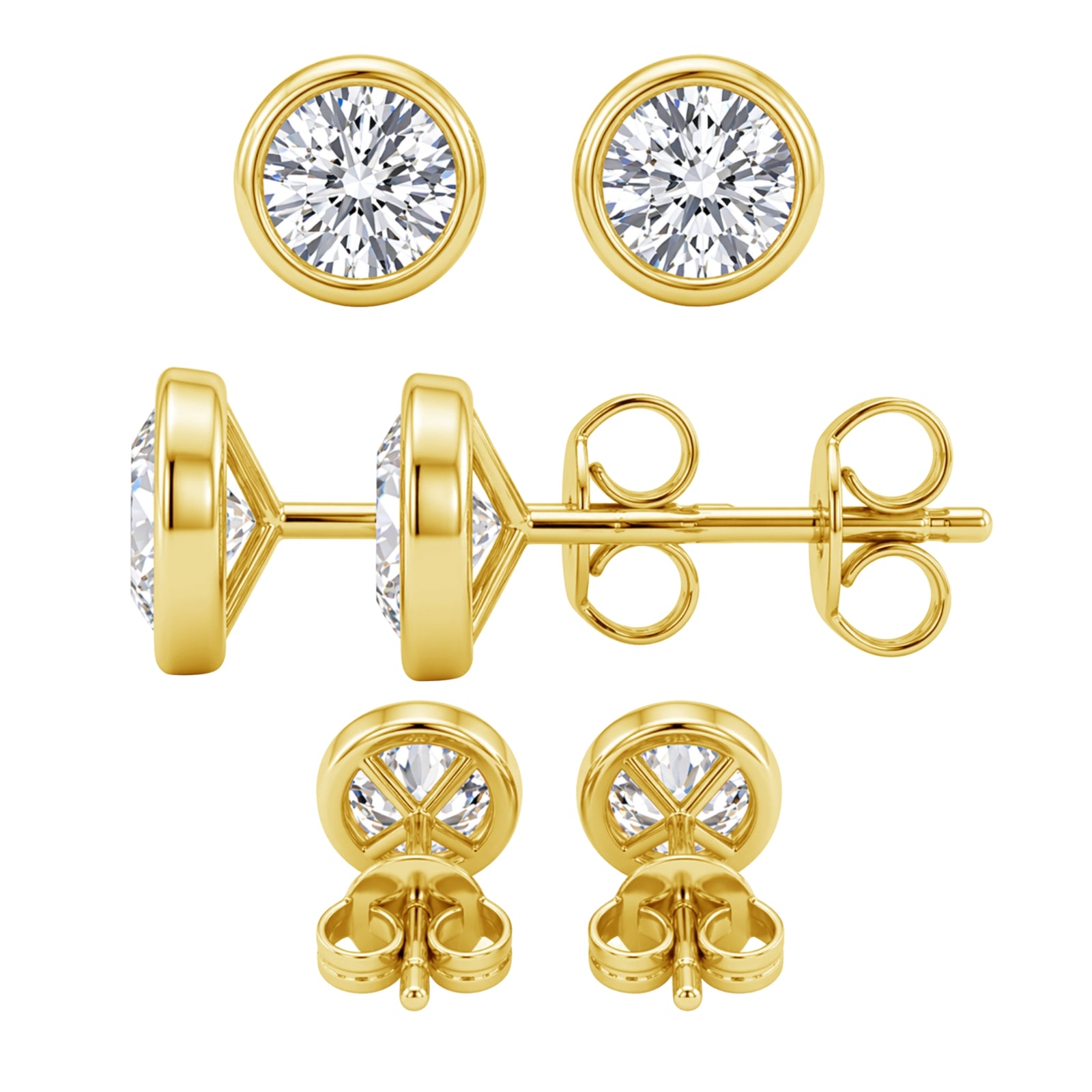 0.50-3.00 Carat T.W. Round-cut Lab Grown Diamond (F/VS+) 14K Gold Bezel set Stud Earrings with Double Notch Post & Pushback