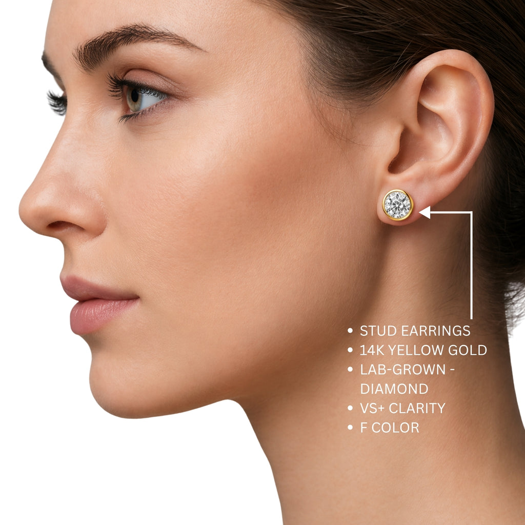 0.50-3.00 Carat T.W. Round-cut Lab Grown Diamond (F/VS+) 14K Gold Bezel set Stud Earrings with Double Notch Post & Pushback