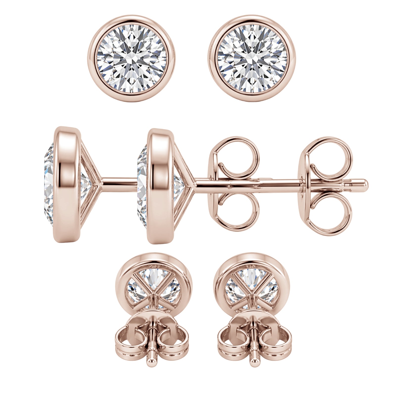 0.50-3.00 Carat T.W. Round-cut Lab Grown Diamond (F/VS+) 14K Gold Bezel set Stud Earrings with Double Notch Post & Pushback