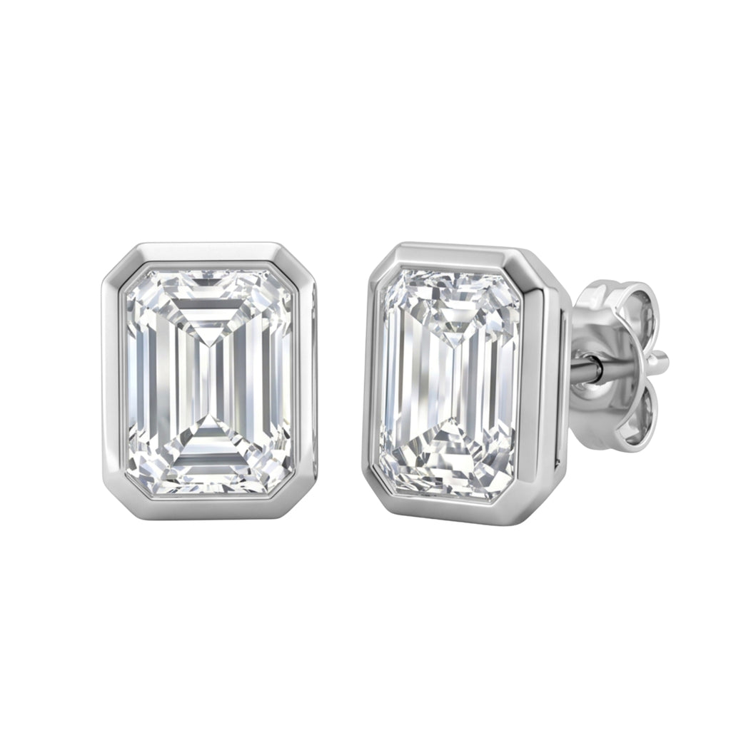 1.00 - 2.00 Carat T.W. Emerald-cut Lab Grown Diamond (F/VS+) 14K Gold Bezel set Stud Earrings with Double Notch Post & Pushback