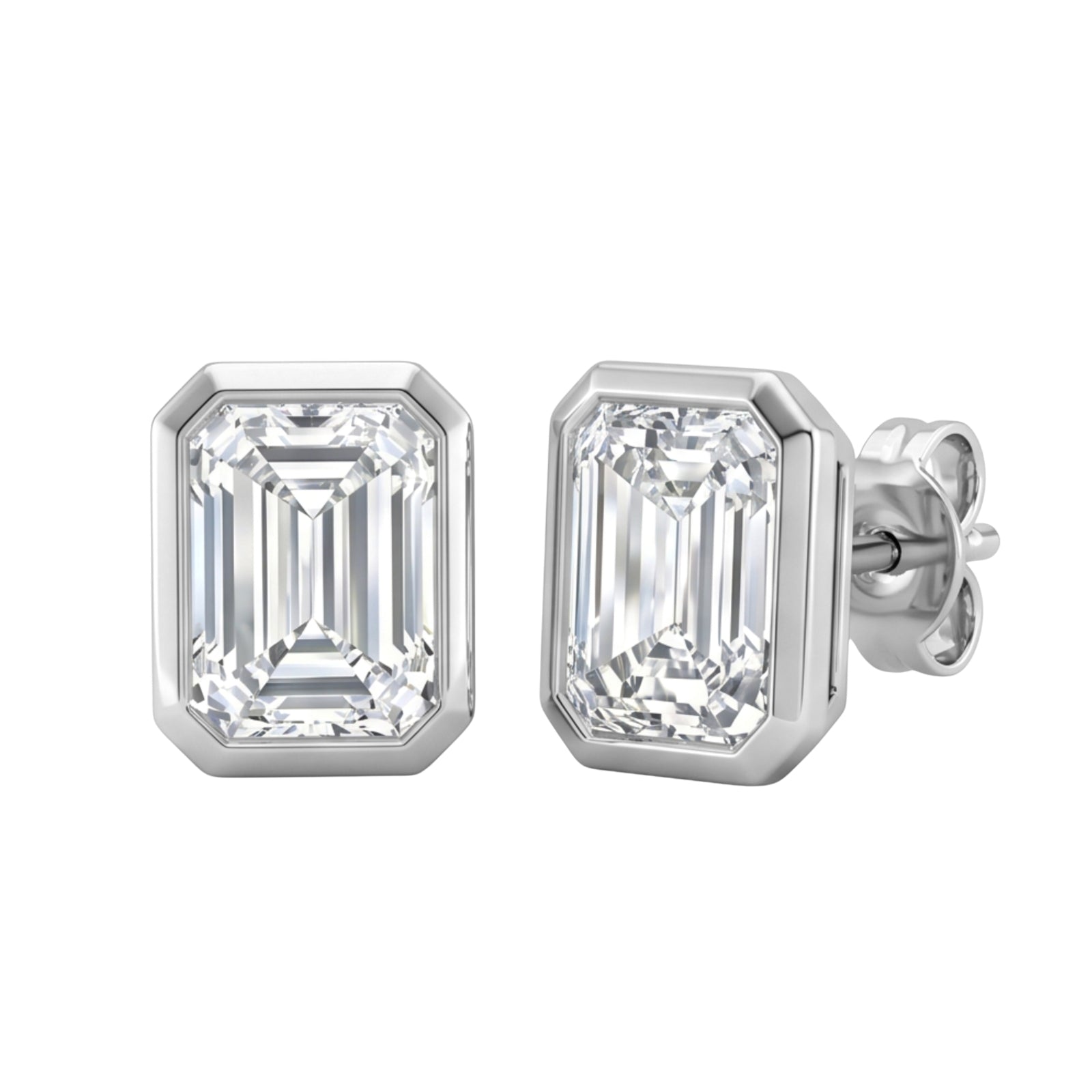 1.00 - 2.00 Carat T.W. Emerald-cut Lab Grown Diamond (F/VS+) 14K Gold Bezel set Stud Earrings with Double Notch Post & Pushback