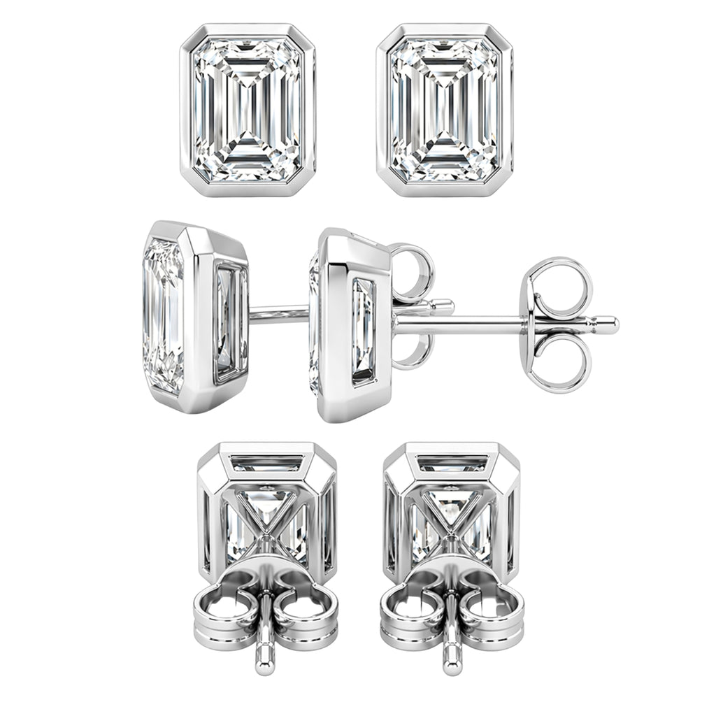 1.00 - 2.00 Carat T.W. Emerald-cut Lab Grown Diamond (F/VS+) 14K Gold Bezel set Stud Earrings with Double Notch Post & Pushback