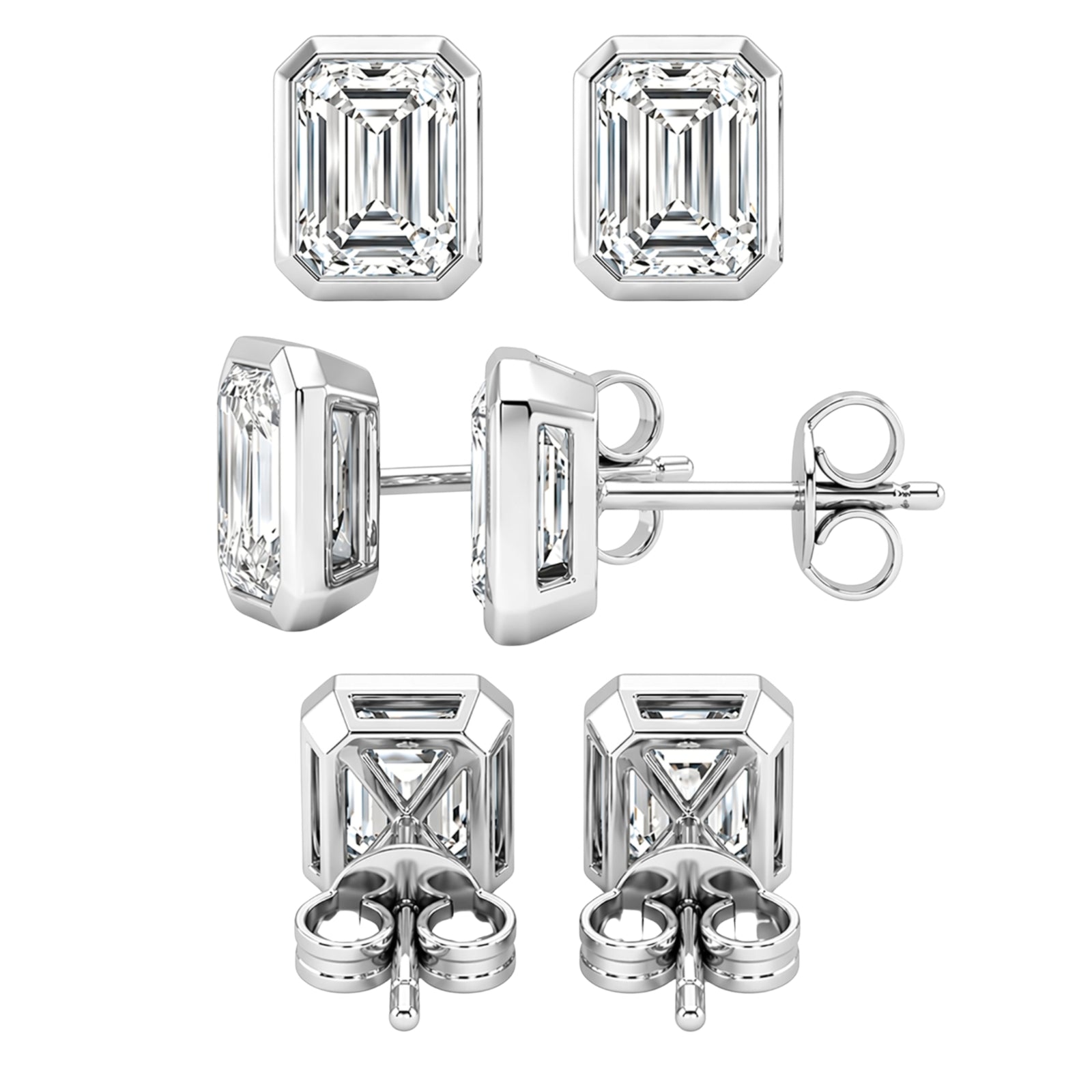 1.00 - 2.00 Carat T.W. Emerald-cut Lab Grown Diamond (F/VS+) 14K Gold Bezel set Stud Earrings with Double Notch Post & Pushback