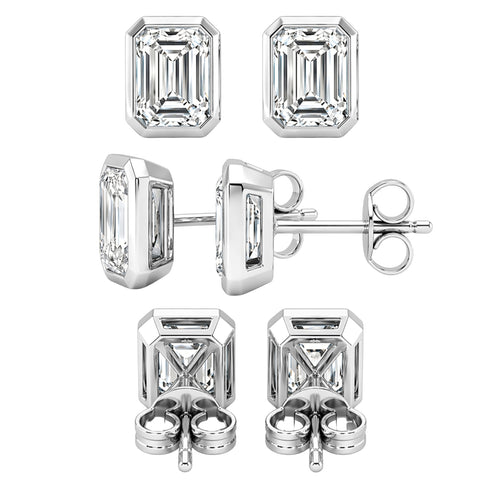 1.00 - 2.00 Carat T.W. Emerald-cut Lab Grown Diamond (F/VS+) 14K Gold Bezel set Stud Earrings with Double Notch Post & Pushback