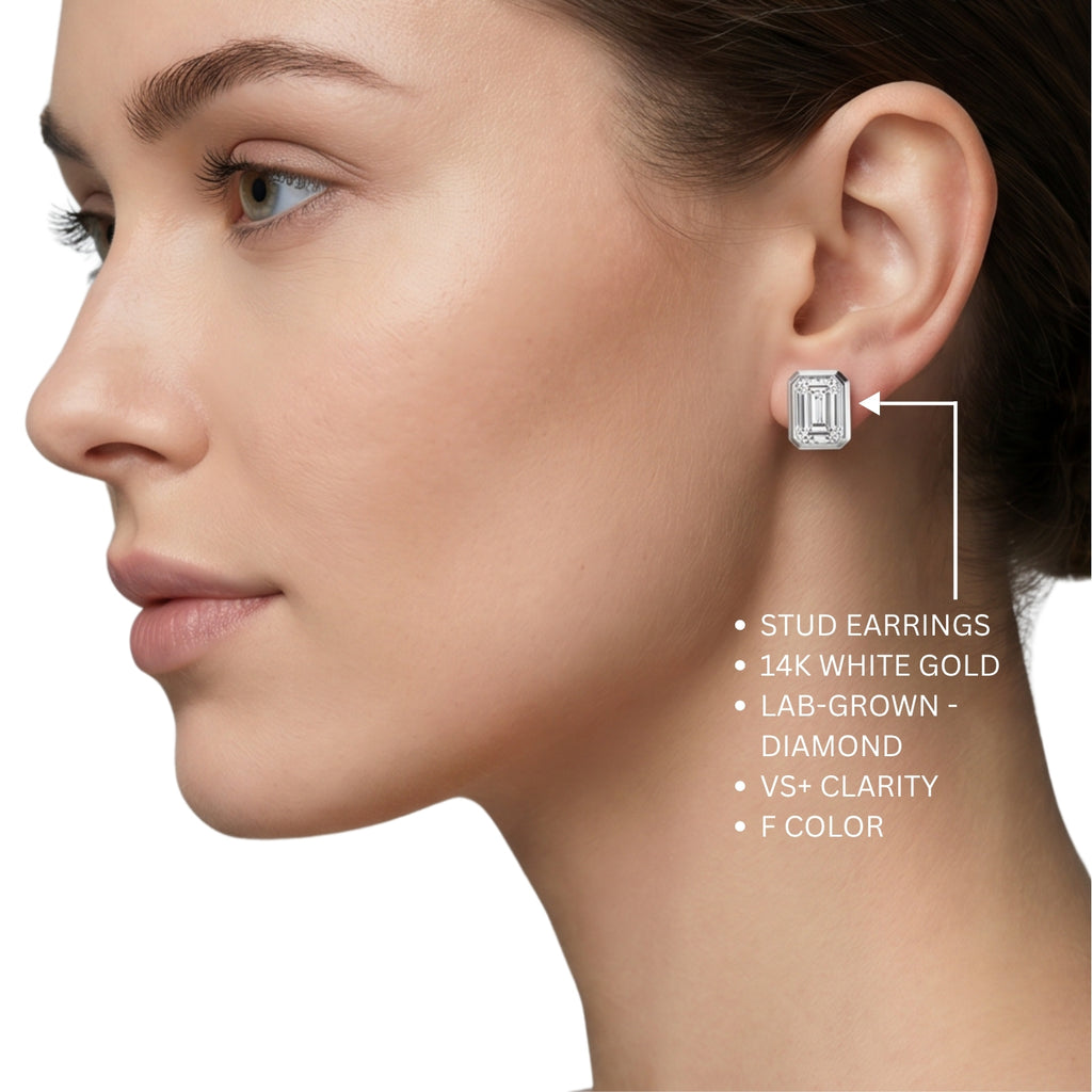 1.00 - 2.00 Carat T.W. Emerald-cut Lab Grown Diamond (F/VS+) 14K Gold Bezel set Stud Earrings with Double Notch Post & Pushback