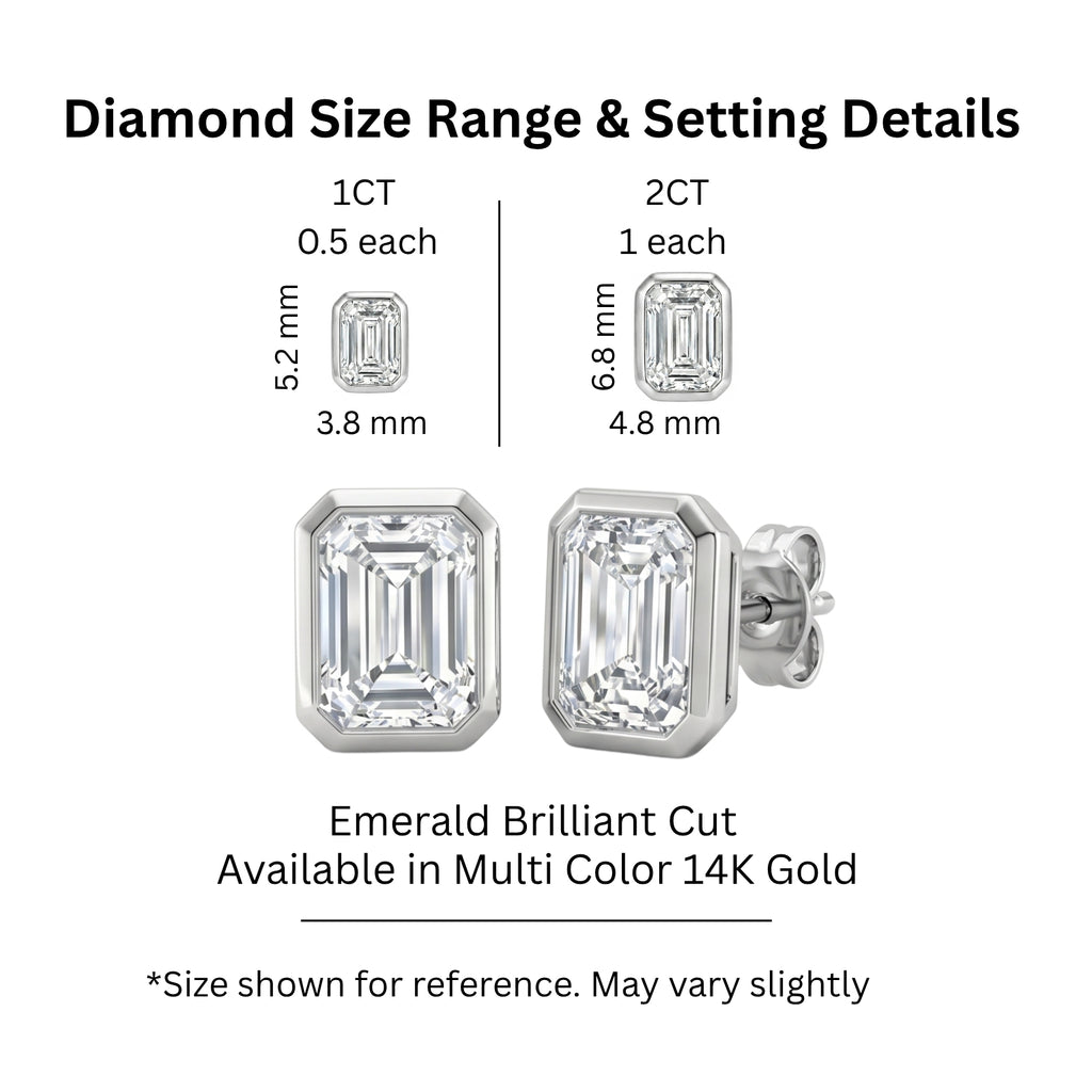 1.00 - 2.00 Carat T.W. Emerald-cut Lab Grown Diamond (F/VS+) 14K Gold Bezel set Stud Earrings with Double Notch Post & Pushback