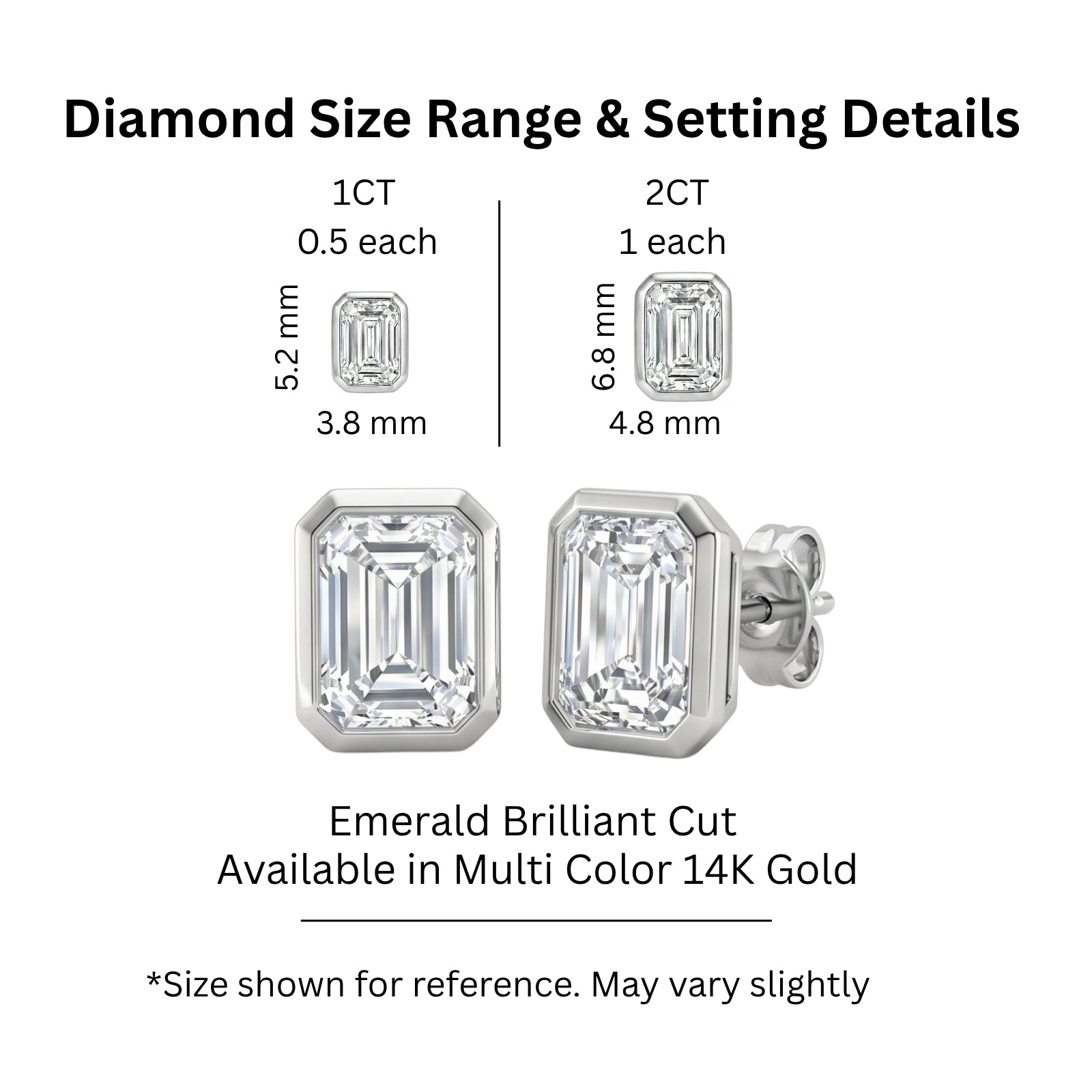 1.00 - 2.00 Carat T.W. Emerald-cut Lab Grown Diamond (F/VS+) 14K Gold Bezel set Stud Earrings with Double Notch Post & Pushback