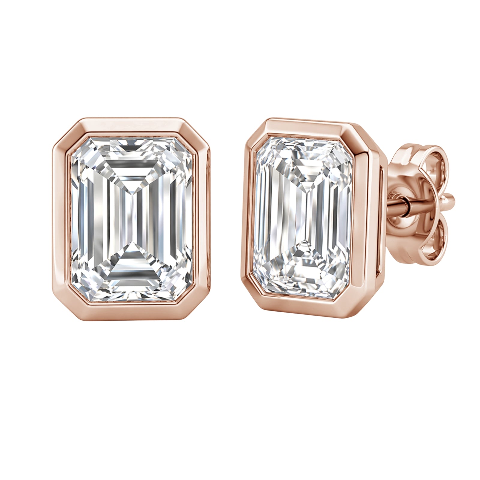 1.00 - 2.00 Carat T.W. Emerald-cut Lab Grown Diamond (F/VS+) 14K Gold Bezel set Stud Earrings with Double Notch Post & Pushback