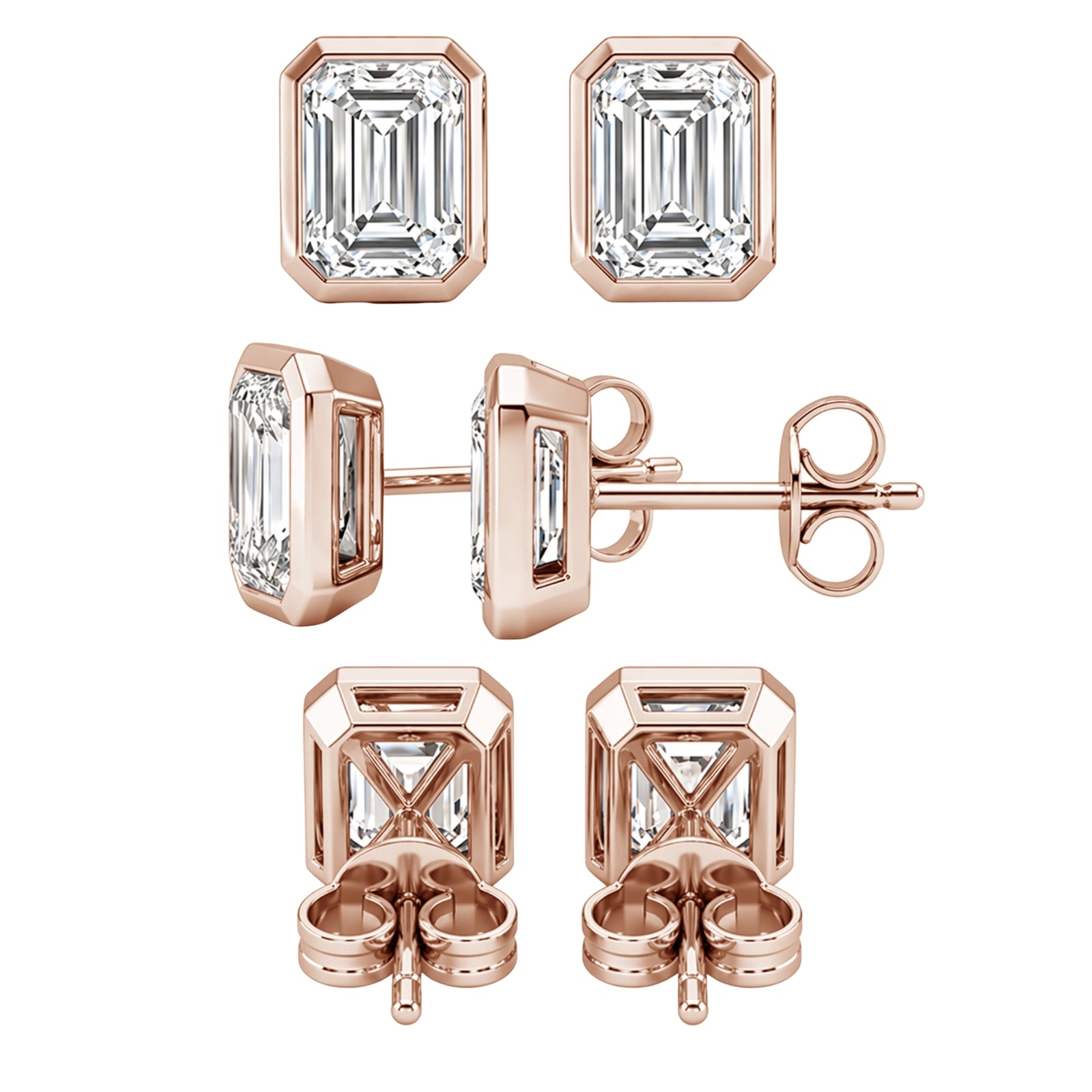 1.00 - 2.00 Carat T.W. Emerald-cut Lab Grown Diamond (F/VS+) 14K Gold Bezel set Stud Earrings with Double Notch Post & Pushback