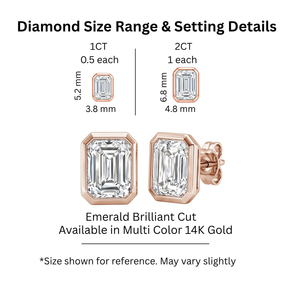 1.00 - 2.00 Carat T.W. Emerald-cut Lab Grown Diamond (F/VS+) 14K Gold Bezel set Stud Earrings with Double Notch Post & Pushback