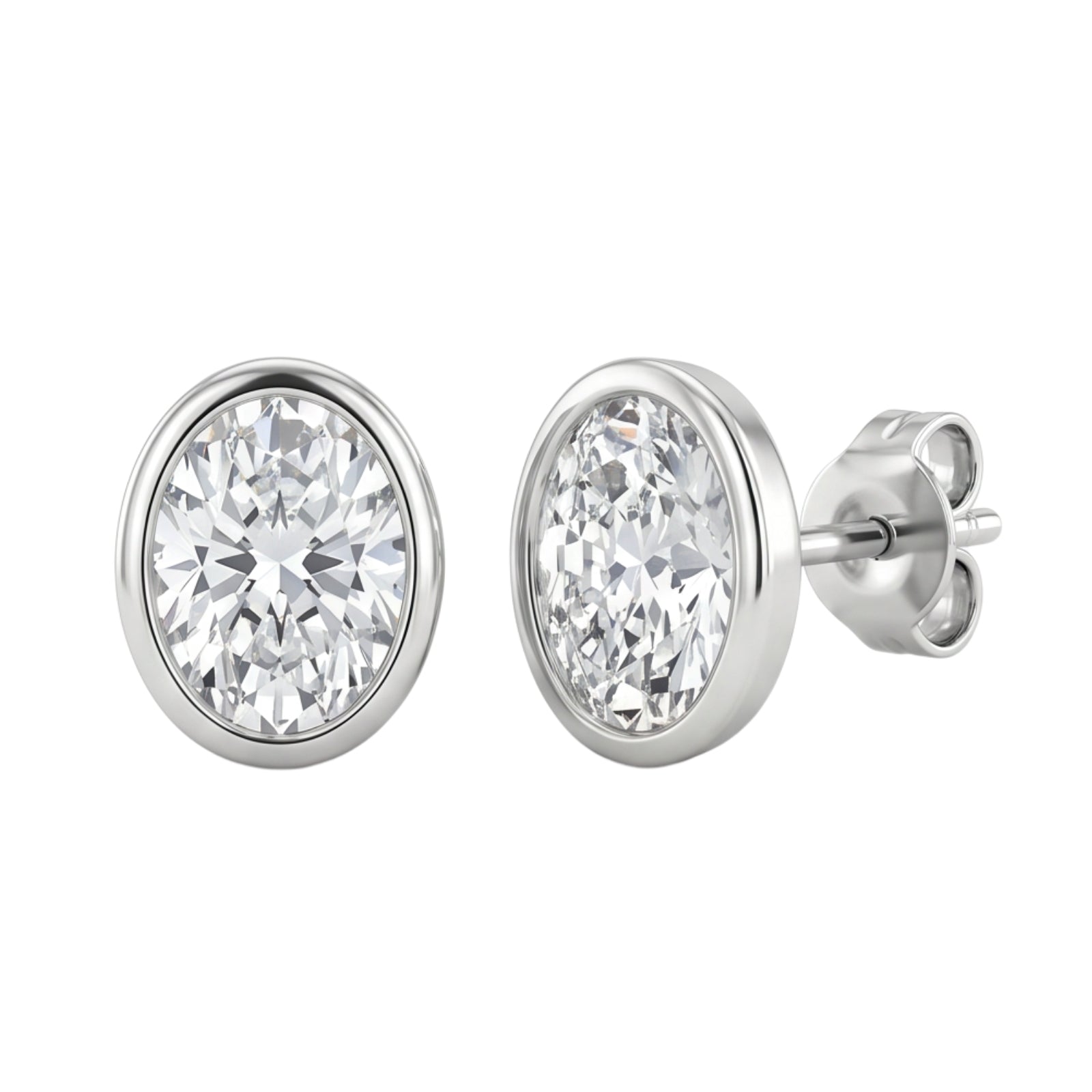 1.00 - 2.00 Carat T.W. Oval-cut Lab Grown Diamond (F/VS+) 14K Gold Bezel set Stud Earrings with Double Notch Post & Pushback