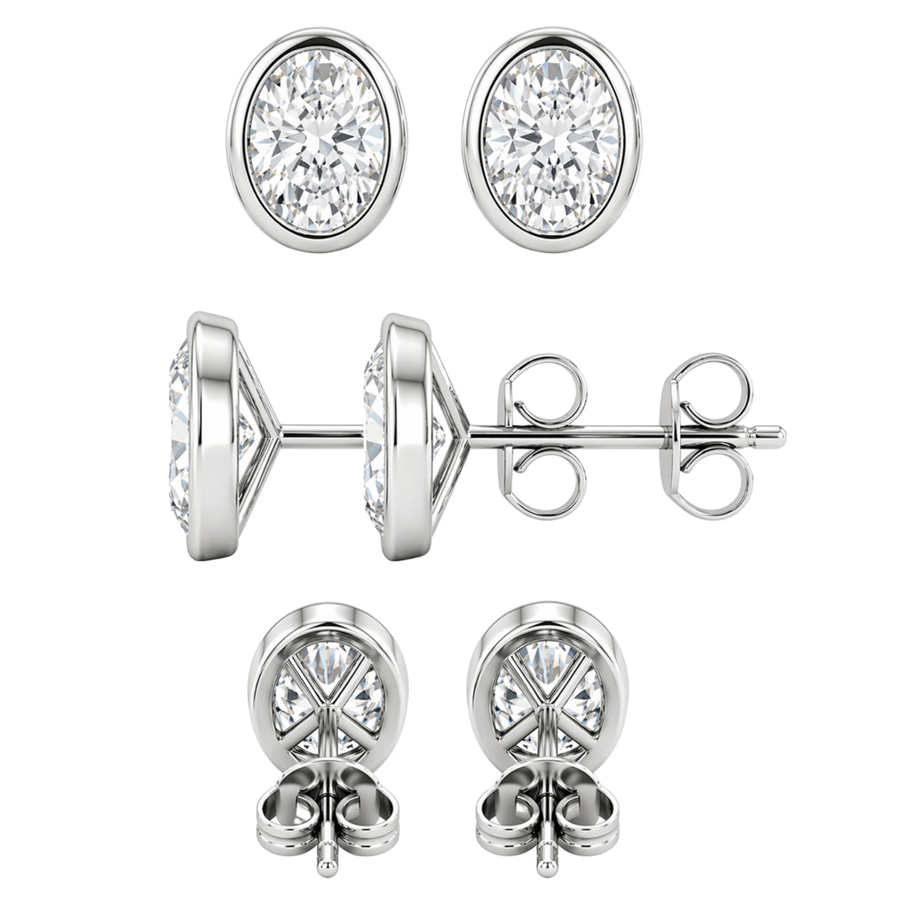 1.00 - 2.00 Carat T.W. Oval-cut Lab Grown Diamond (F/VS+) 14K Gold Bezel set Stud Earrings with Double Notch Post & Pushback