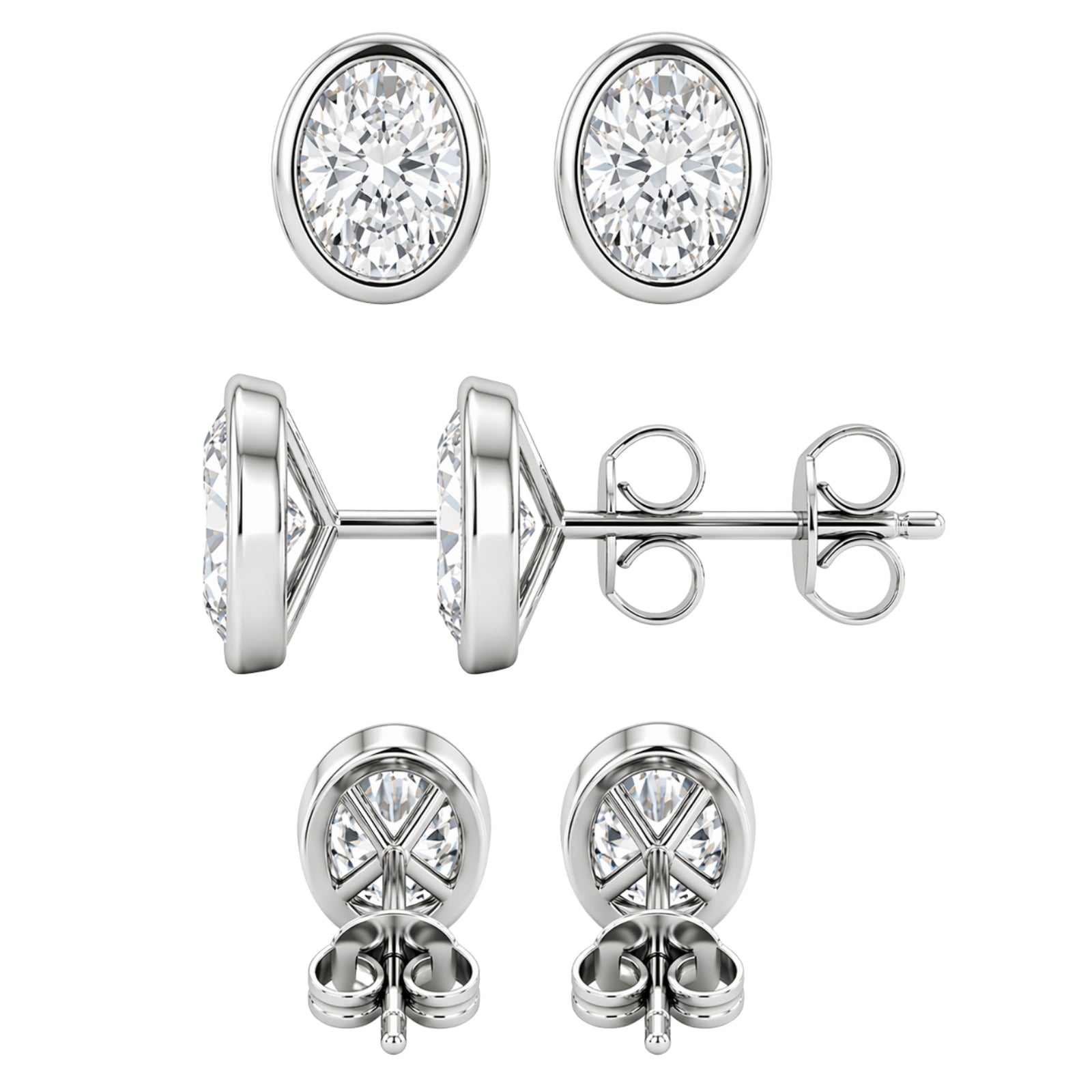 1.00 - 2.00 Carat T.W. Oval-cut Lab Grown Diamond (F/VS+) 14K Gold Bezel set Stud Earrings with Double Notch Post & Pushback
